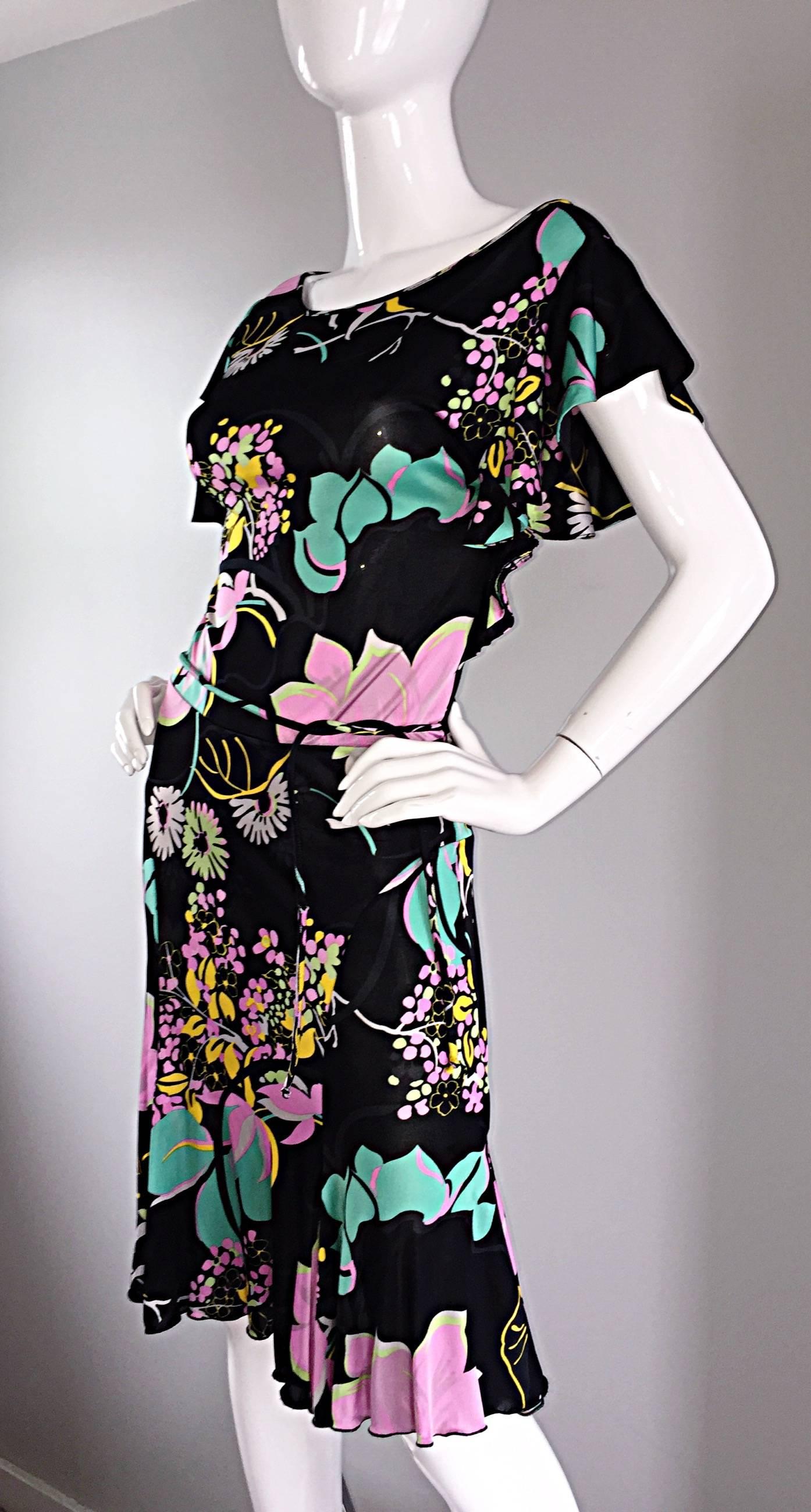 Beautiful Blumarine by Anna Molinari Black Rayon Jersey 1930s Style Dress + Belt For Sale 2