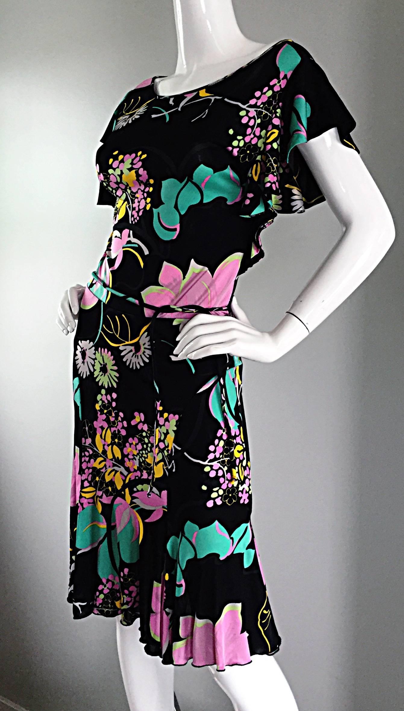 Beautiful Blumarine by Anna Molinari Black Rayon Jersey 1930s Style Dress + Belt For Sale 3