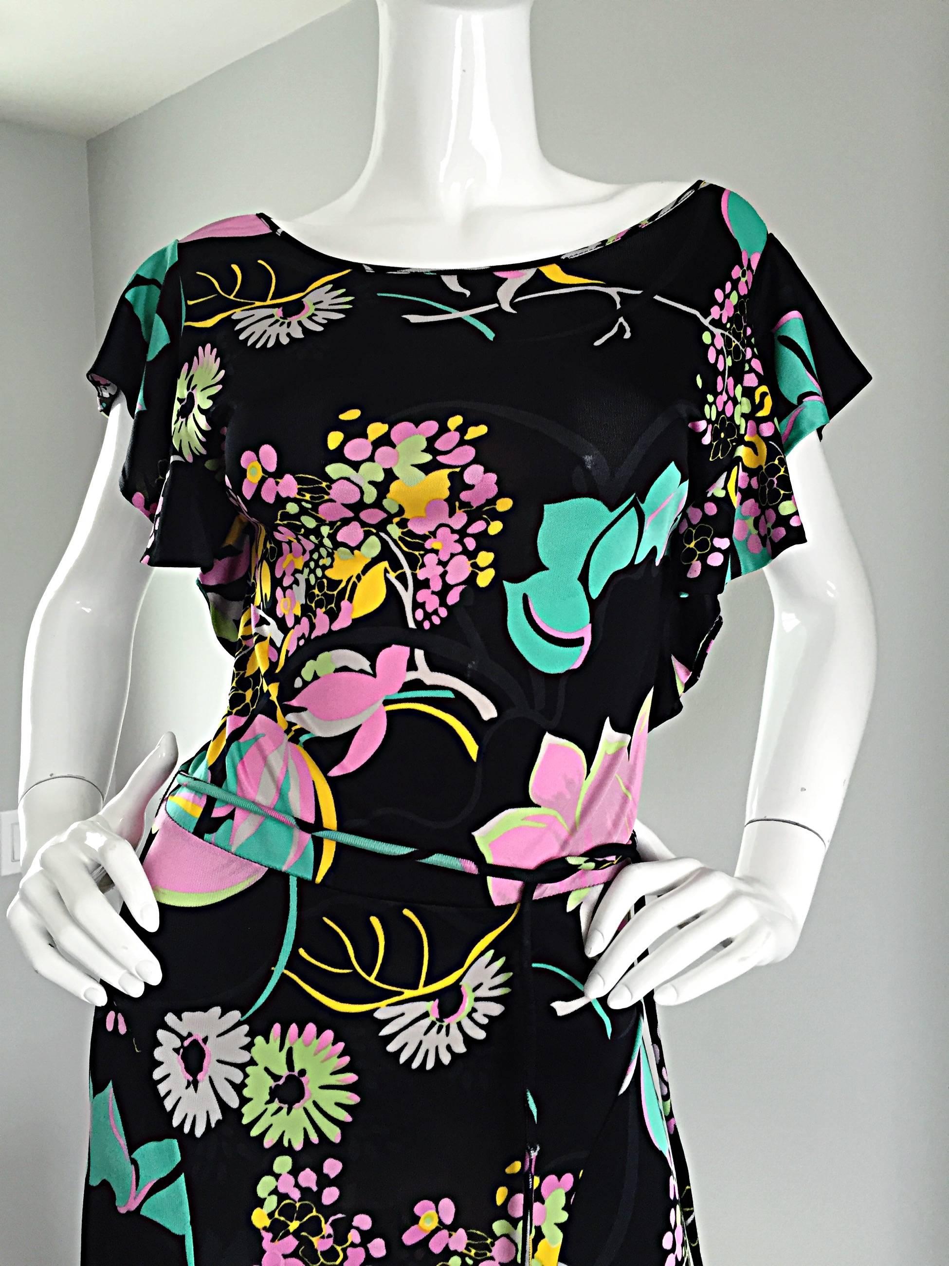 Women's Beautiful Blumarine by Anna Molinari Black Rayon Jersey 1930s Style Dress + Belt For Sale