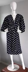 Vintage Yves Saint Laurent ' Rive Gauche ' Navy + White Silk Polka Dot Dress YSL