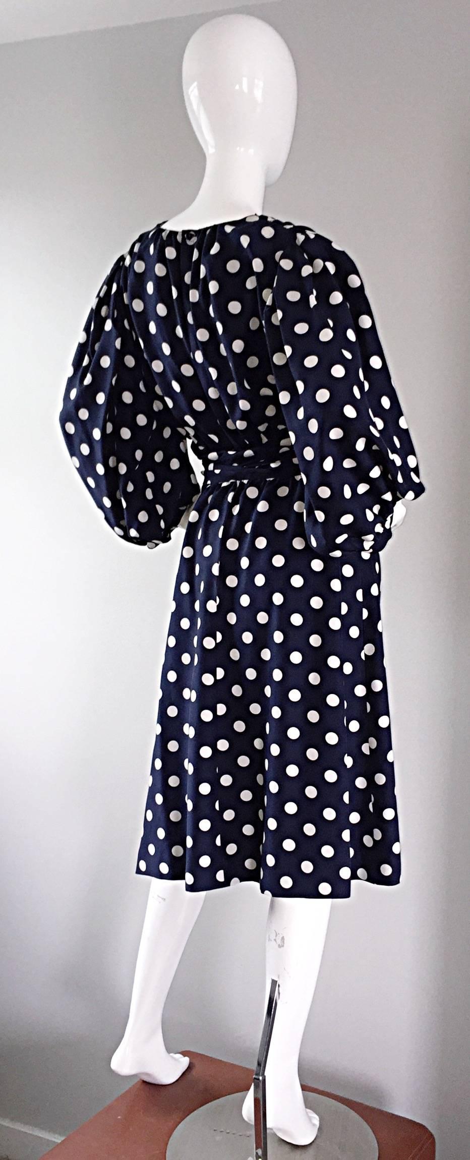 Women's Vintage Yves Saint Laurent ' Rive Gauche ' Navy + White Silk Polka Dot Dress YSL