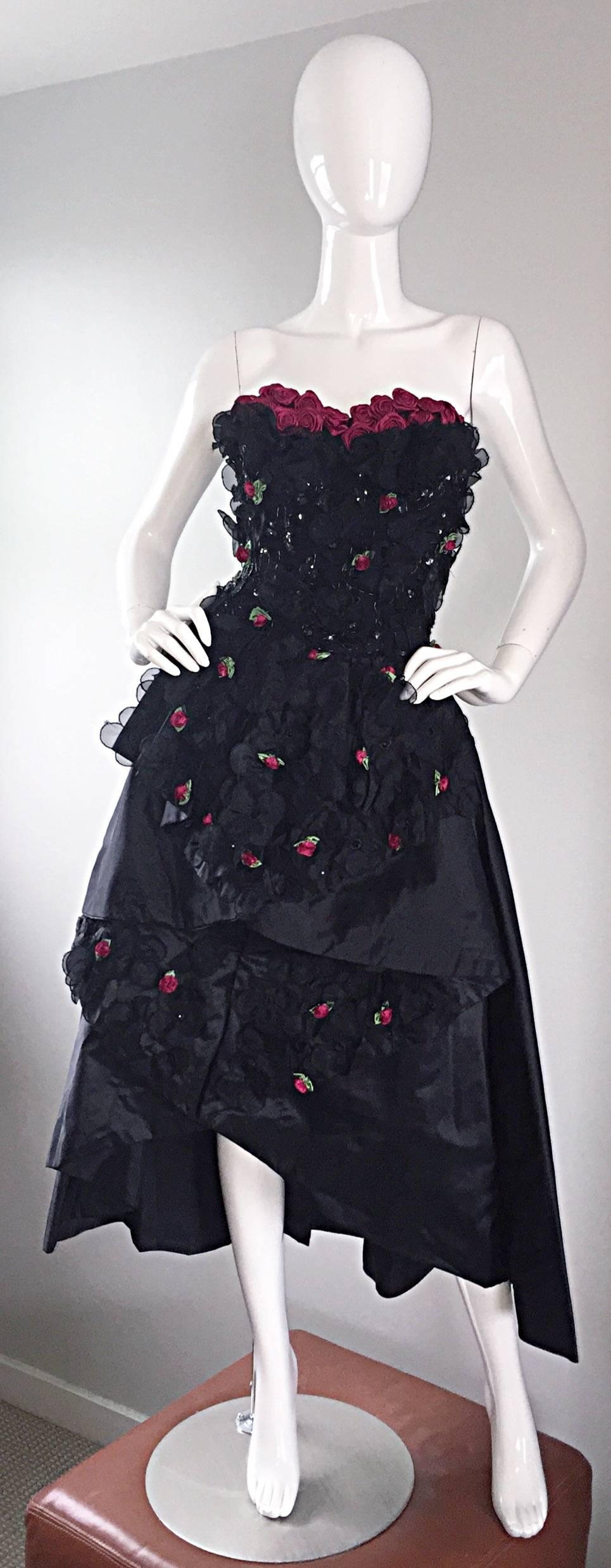Exceptional 1950s Vintage Black Silk Taffeta Hi - Lo Dress w/ Rosettes and Lace For Sale 5