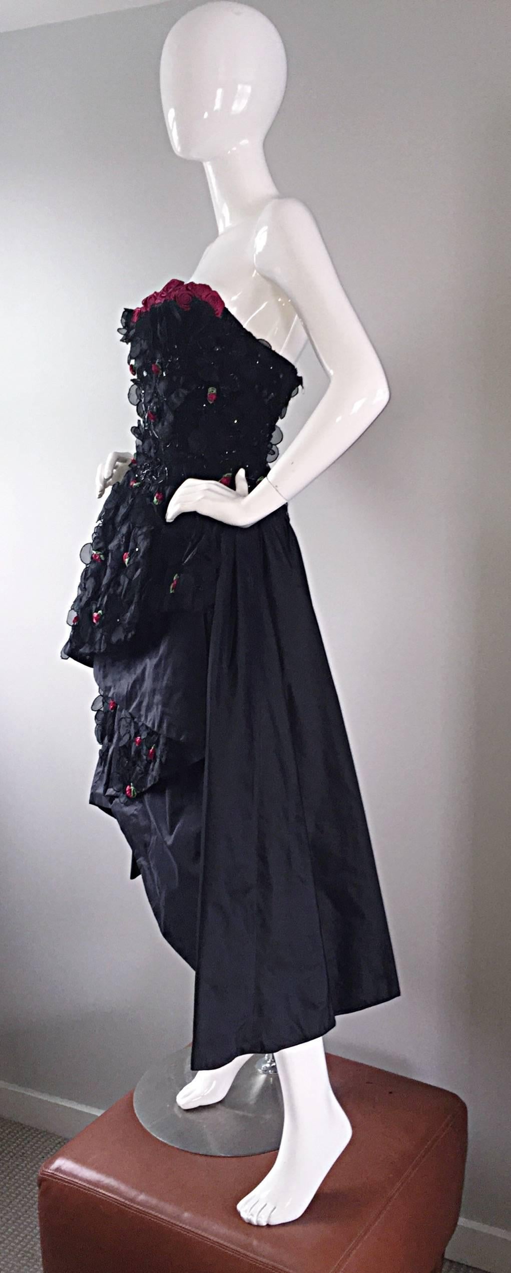 Exceptional 1950s Vintage Black Silk Taffeta Hi - Lo Dress w/ Rosettes and Lace For Sale 4