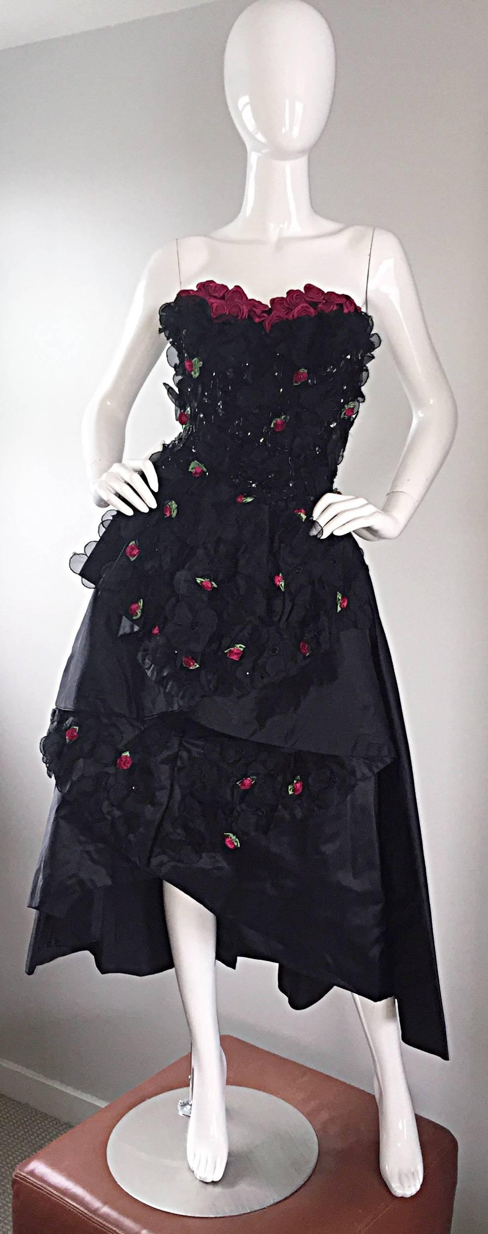 Exceptional 50s vintage strapless silk taffeta architectural hi-lo asymmetrical dress! Features hand-sewn rosettes throughout the front and back. Black silk chiffon lace flower appliqués throughout, as well. Couture quality, with an expert eye to