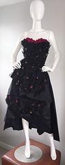 Exceptional 1950s Vintage Black Silk Taffeta Hi - Lo Dress w/ Rosettes and Lace