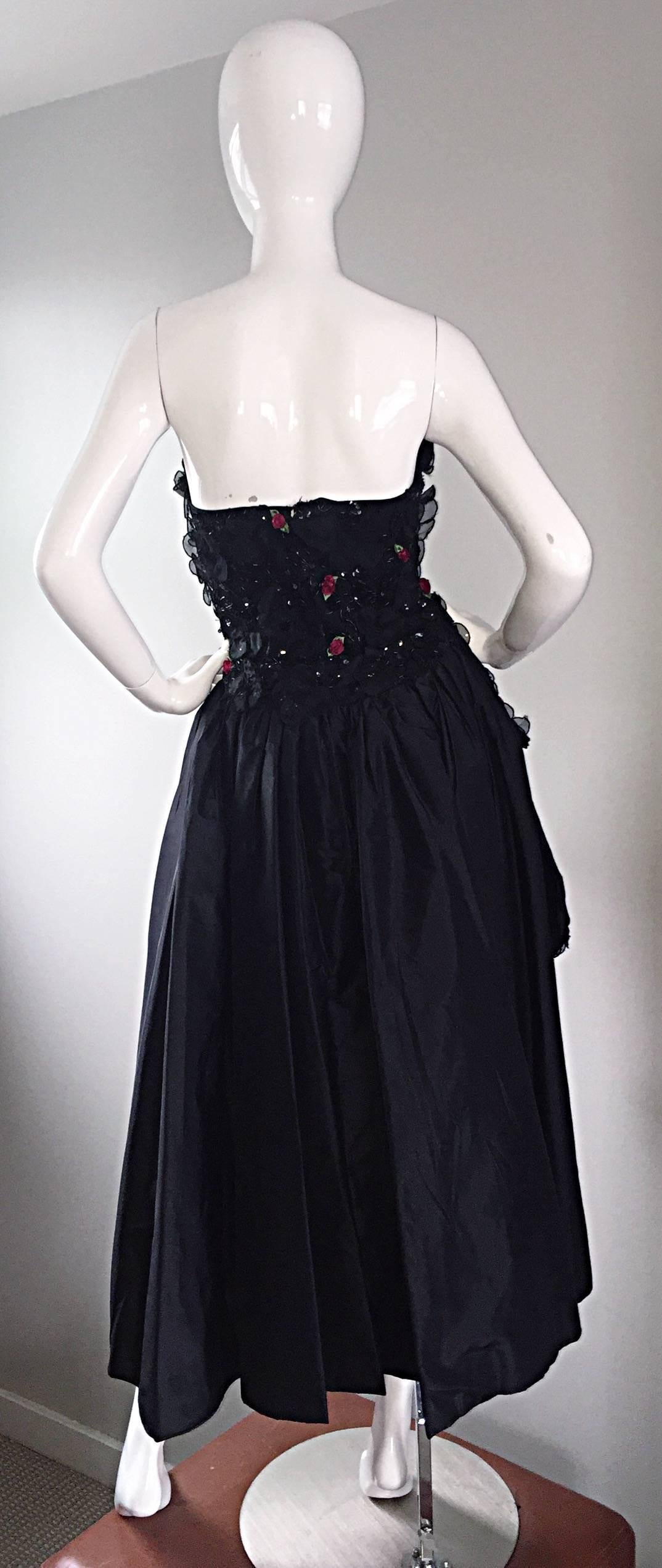 Exceptional 1950s Vintage Black Silk Taffeta Hi - Lo Dress w/ Rosettes and Lace For Sale 1