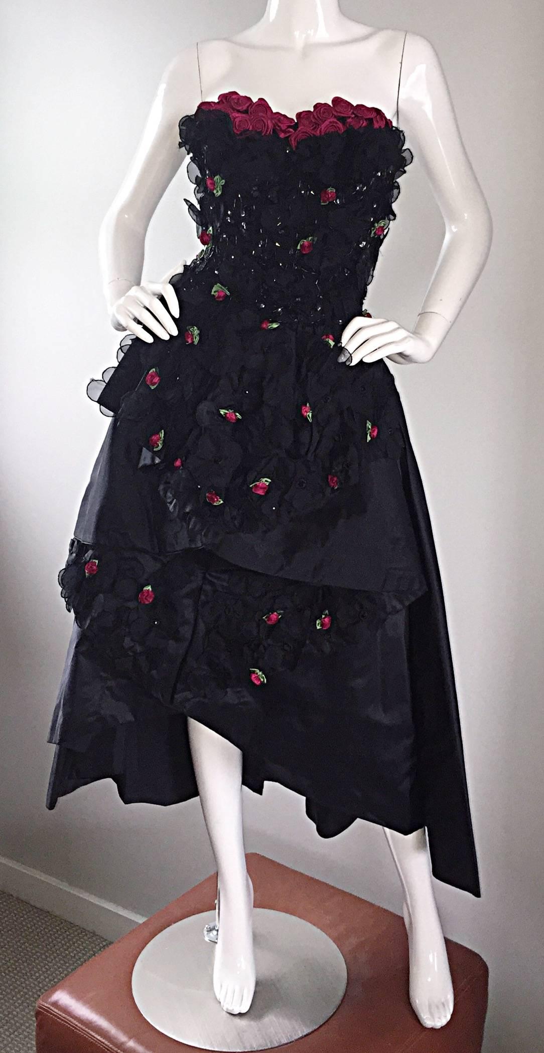 Women's Exceptional 1950s Vintage Black Silk Taffeta Hi - Lo Dress w/ Rosettes and Lace For Sale