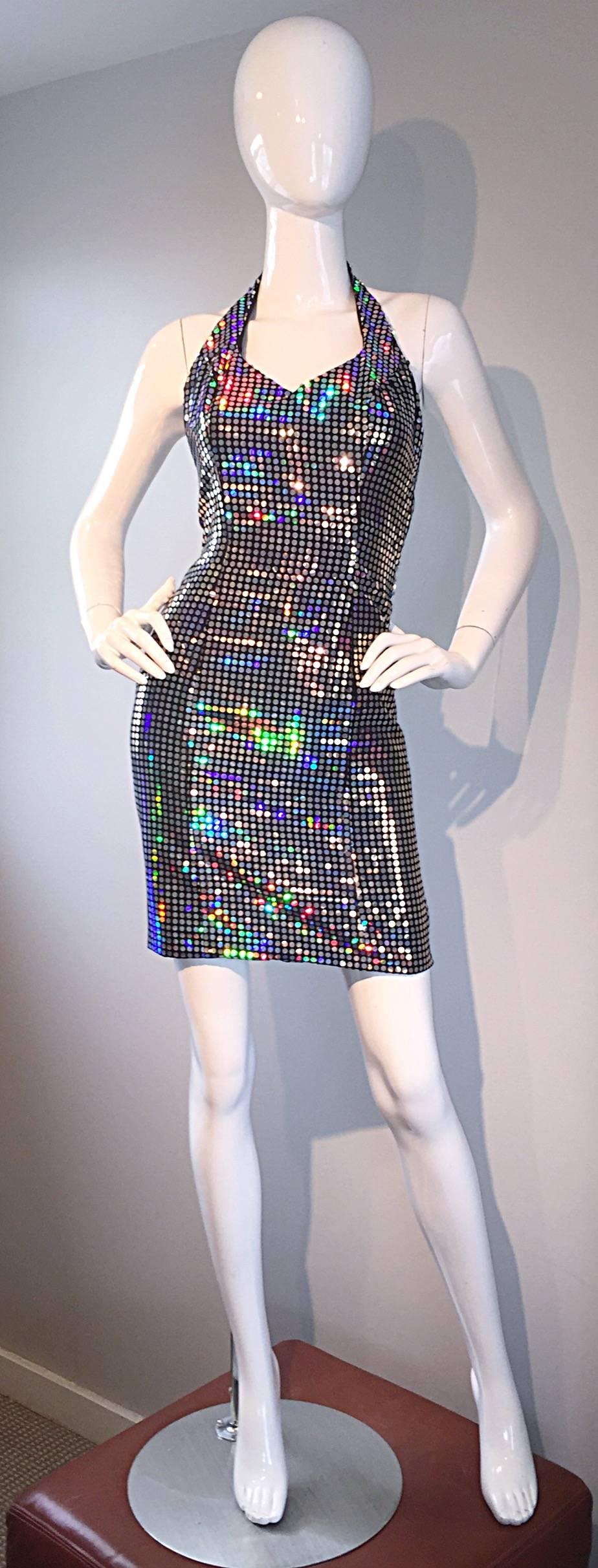 Mike Benet 1990s Vintage Holographic Mirrored Bodycon Sexy 90s Halter Dress 1