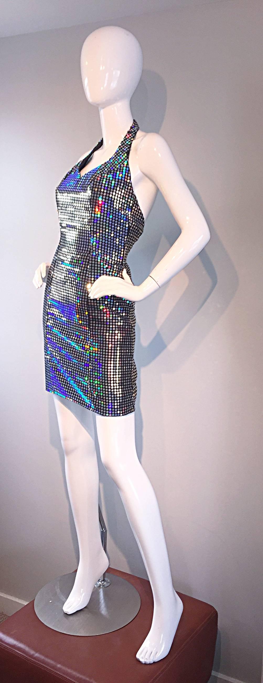 Women's Mike Benet 1990s Vintage Holographic Mirrored Bodycon Sexy 90s Halter Dress
