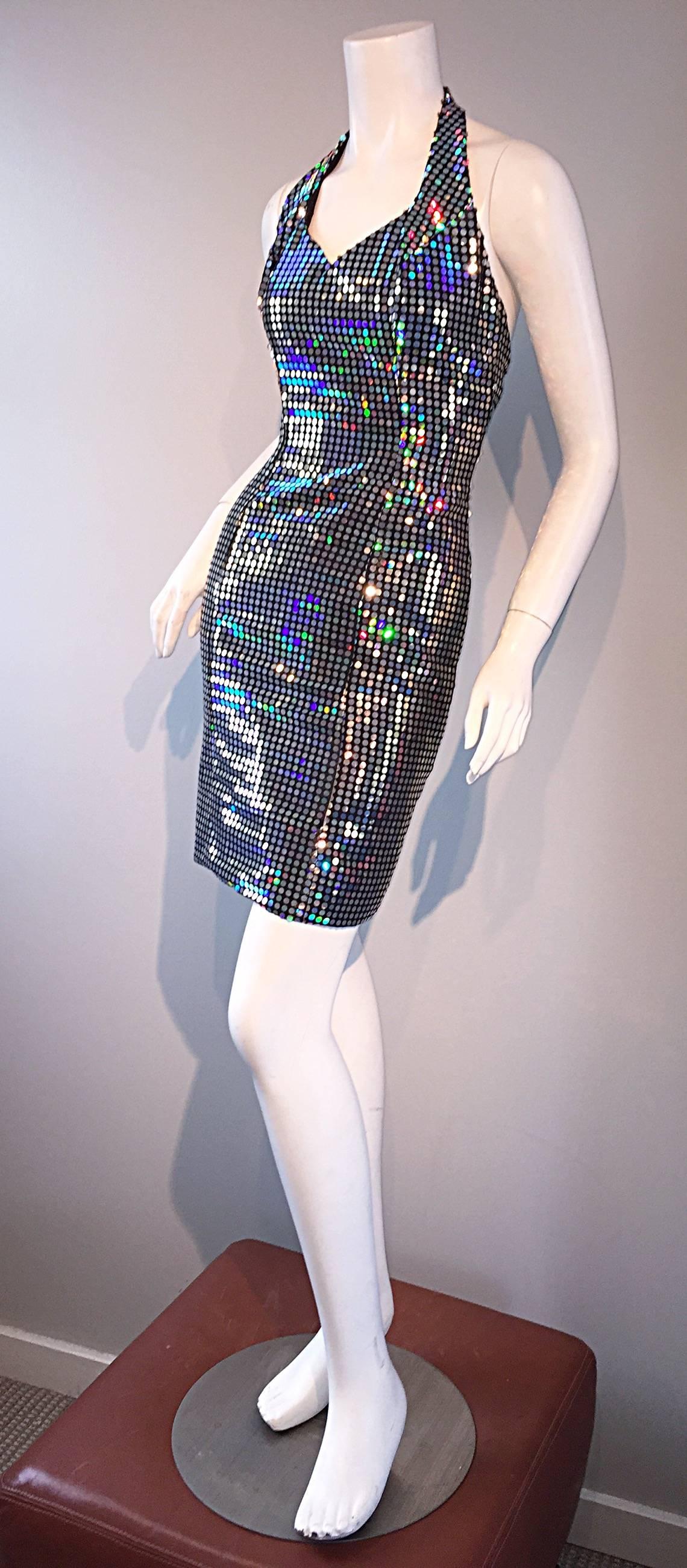 Black Mike Benet 1990s Vintage Holographic Mirrored Bodycon Sexy 90s Halter Dress