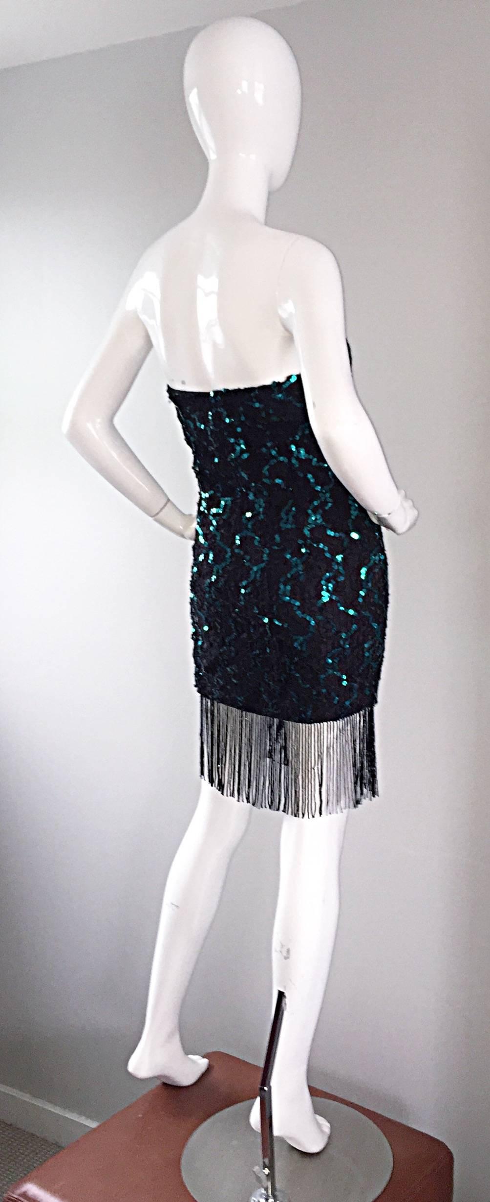 Vintage J. Reynolds Black + Teal Sequin Lace Beaded Fringe Strapless Sexy Dress For Sale 1