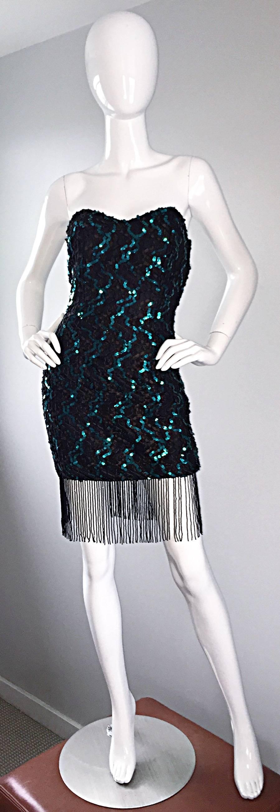 Vintage J. Reynolds Black + Teal Sequin Lace Beaded Fringe Strapless Sexy Dress For Sale 2