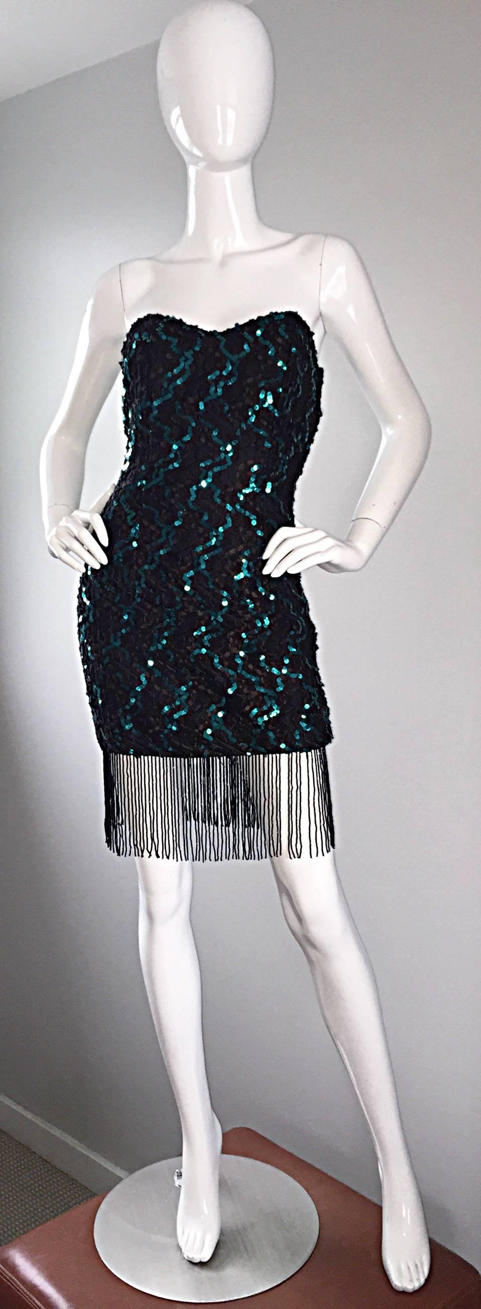Women's Vintage J. Reynolds Black + Teal Sequin Lace Beaded Fringe Strapless Sexy Dress For Sale