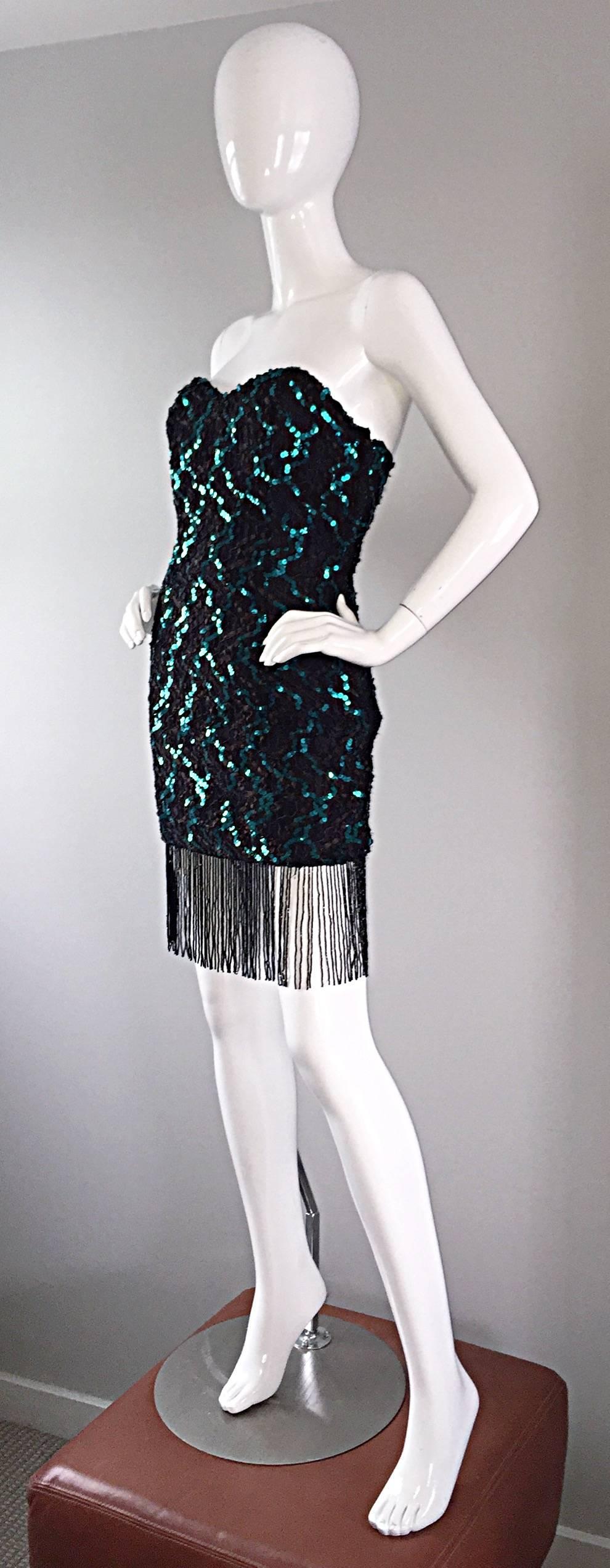 Vintage J. Reynolds Black + Teal Sequin Lace Beaded Fringe Strapless Sexy Dress In Excellent Condition For Sale In San Diego, CA