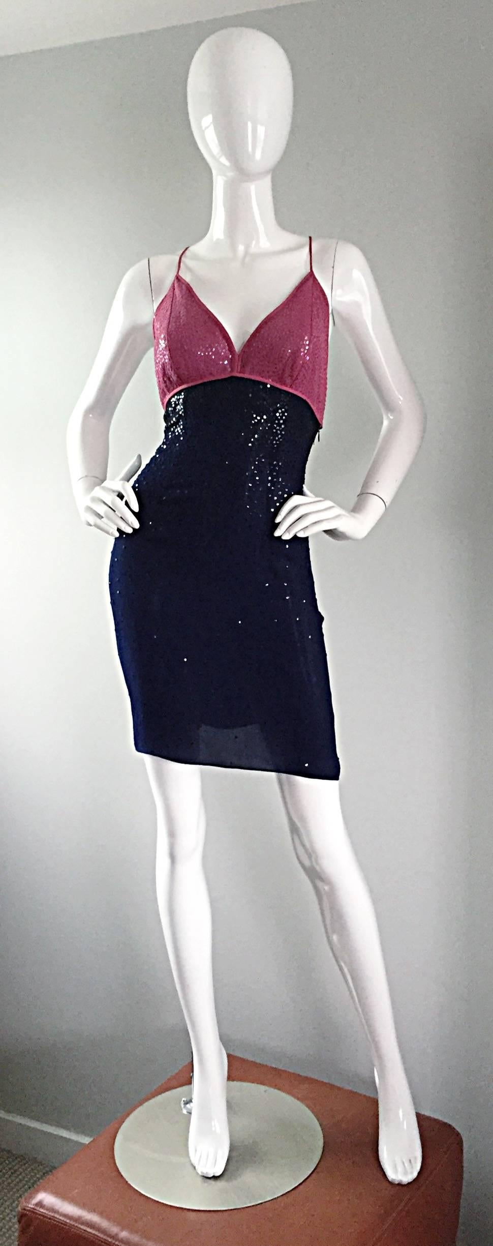 Sexy vintage NEIL BIEFF raspberry pink and navy blue silk sequin halter dress, with tassel details on the back! Pink sequins scattered throughout the bodice, with navy blue sequins scattered throughout the skirt. Unique flattering cut, that can be
