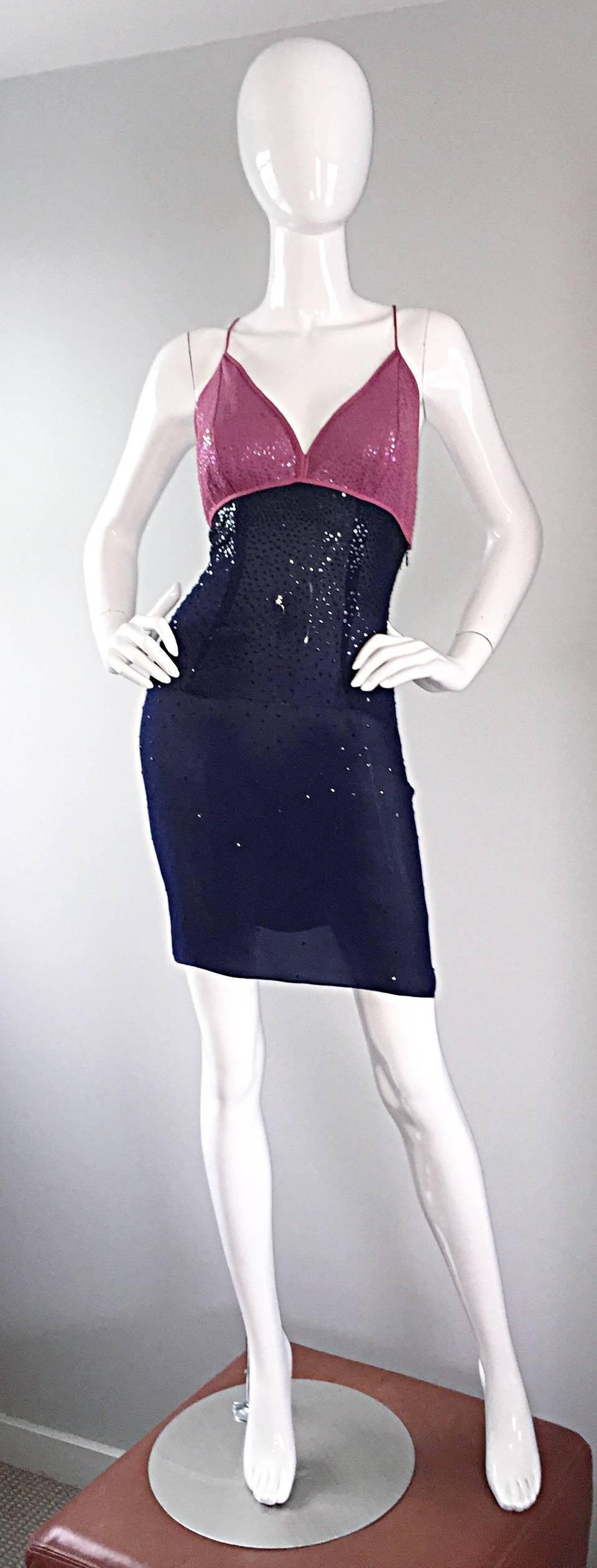 Sexy Vintage Neil Bieff Pink + Navy Blue Silk Sequin Dress w/ Tasseled Back For Sale 3