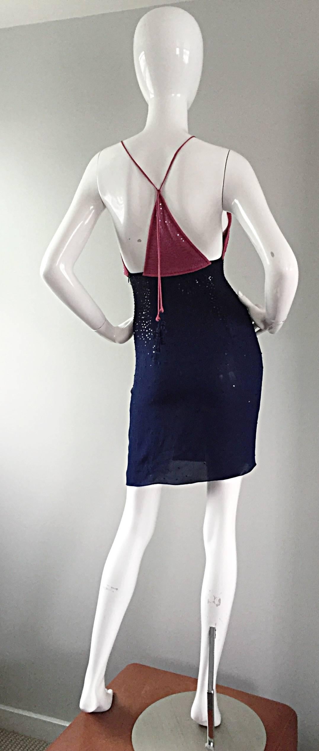 Sexy Vintage Neil Bieff Pink + Navy Blue Silk Sequin Dress w/ Tasseled Back In Excellent Condition For Sale In San Diego, CA