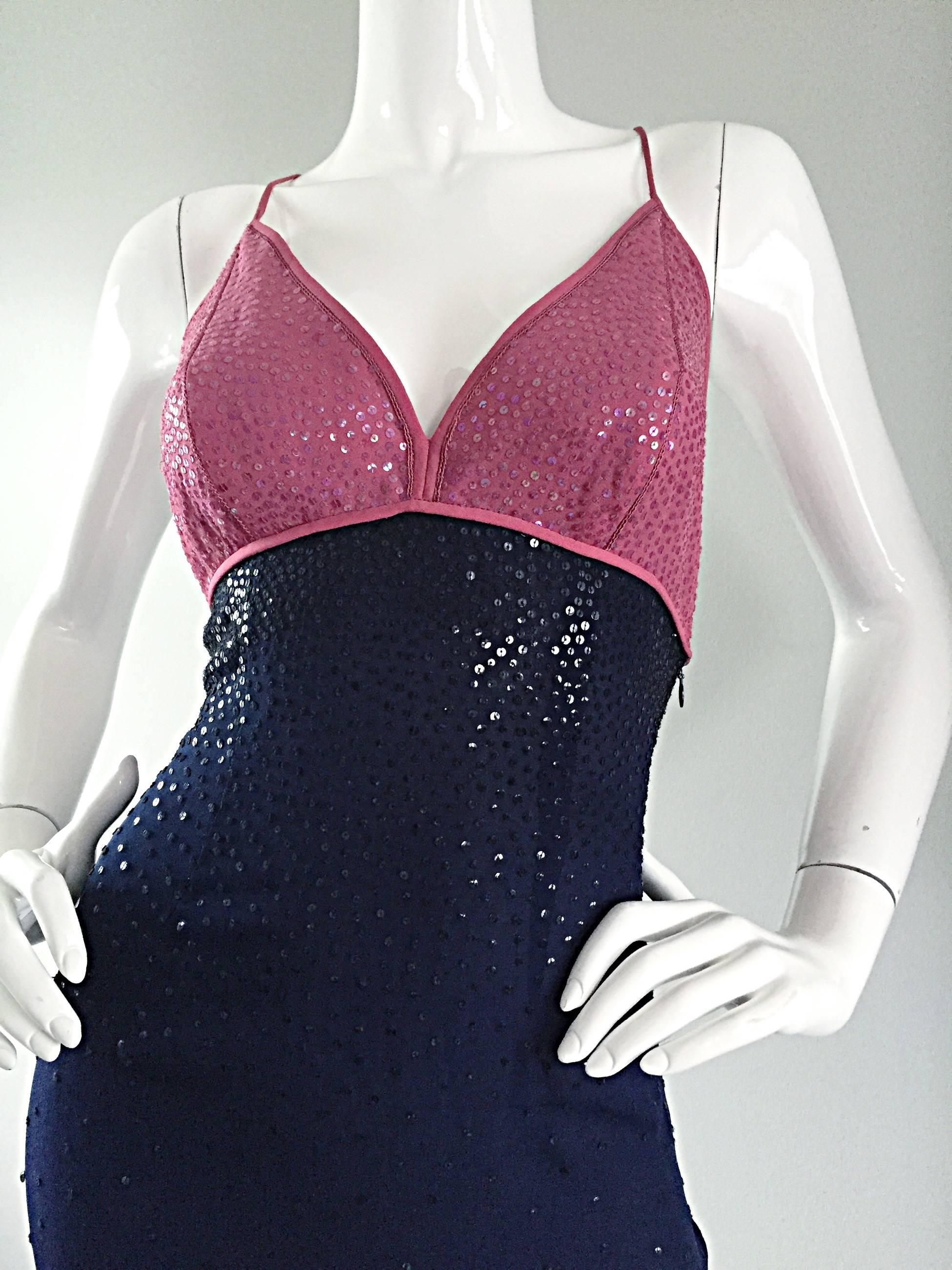 Women's Sexy Vintage Neil Bieff Pink + Navy Blue Silk Sequin Dress w/ Tasseled Back For Sale