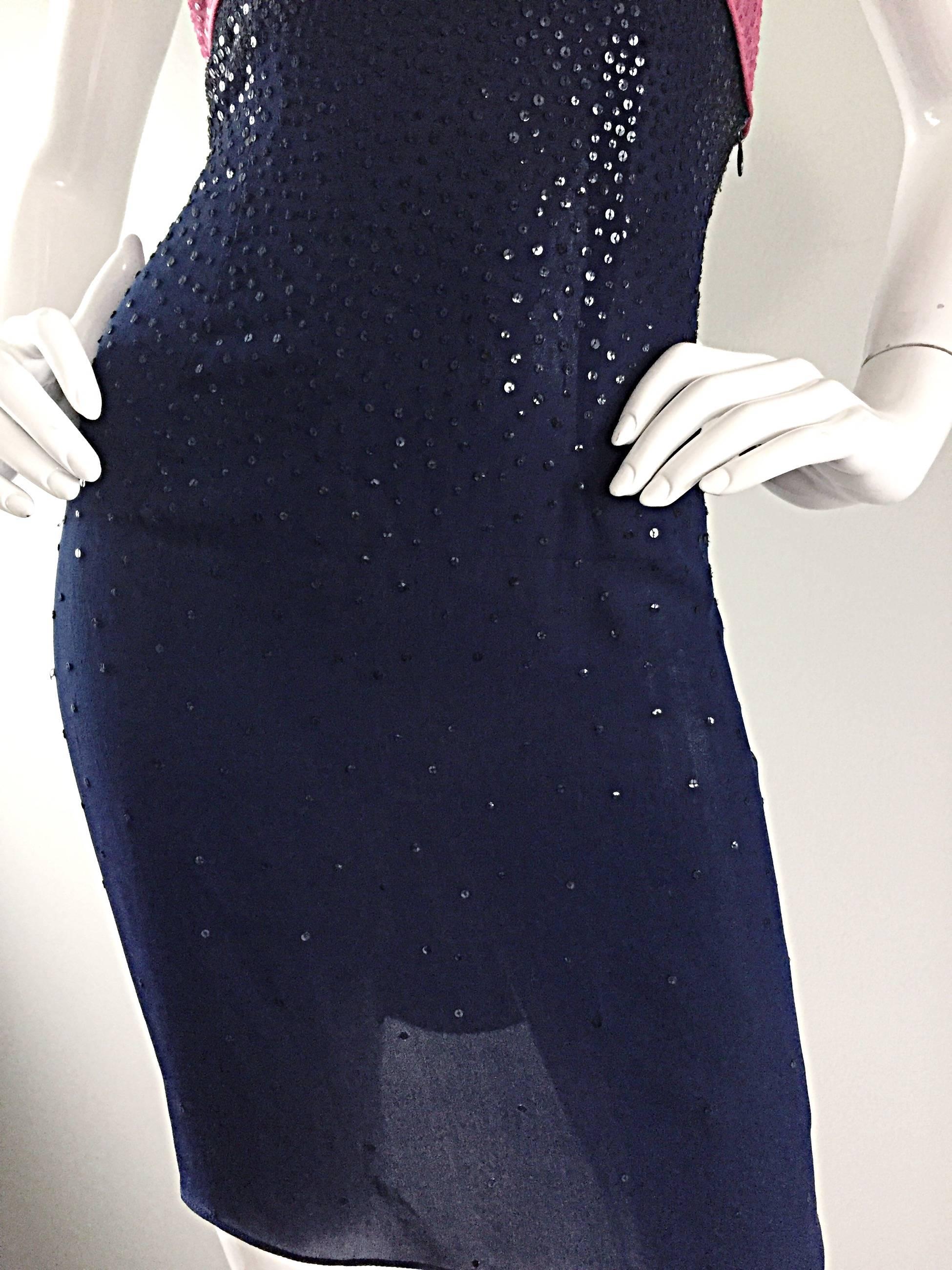 Sexy Vintage Neil Bieff Pink + Navy Blue Silk Sequin Dress w/ Tasseled Back For Sale 1