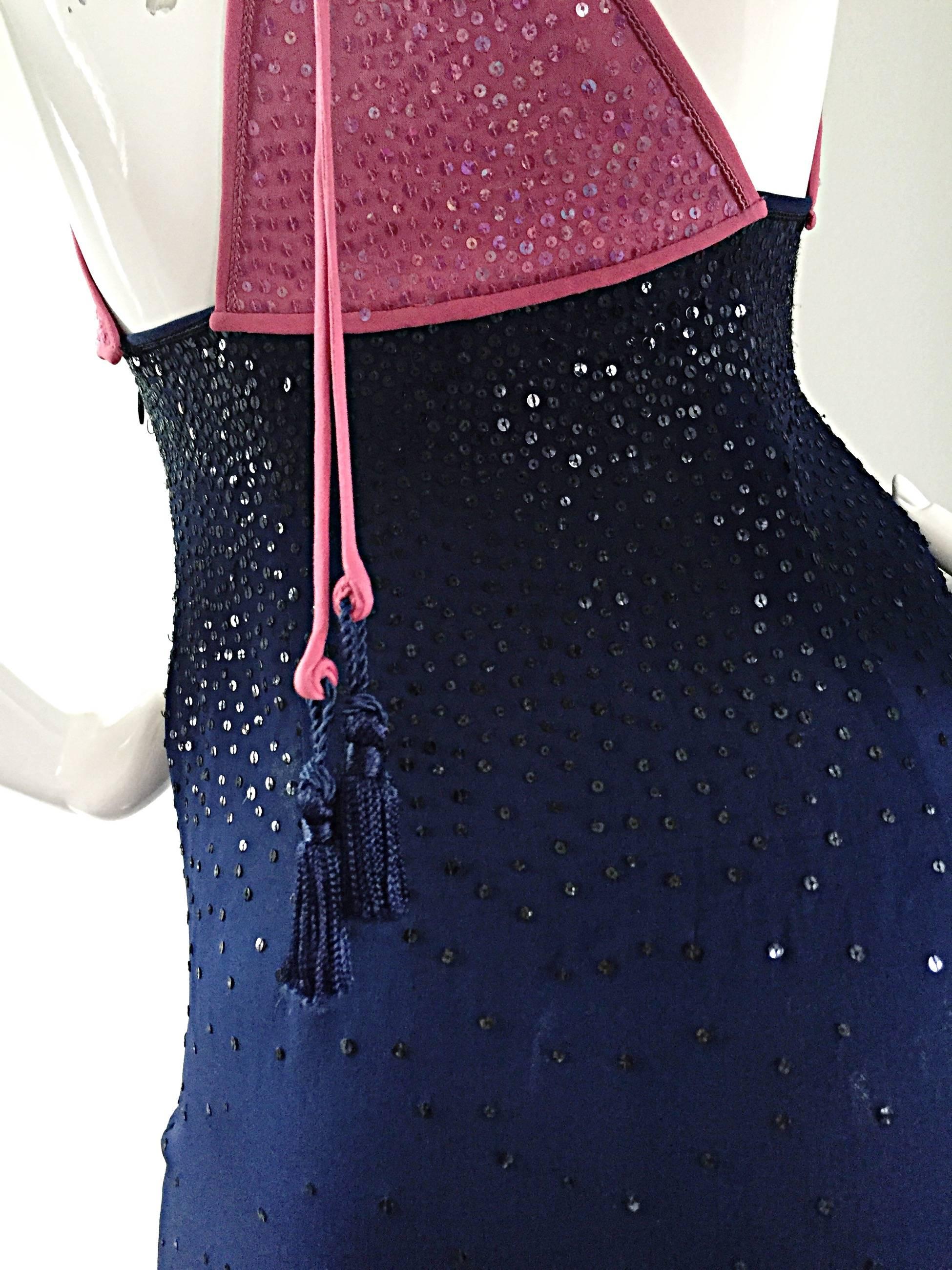 Sexy Vintage Neil Bieff Pink + Navy Blue Silk Sequin Dress w/ Tasseled Back For Sale 2