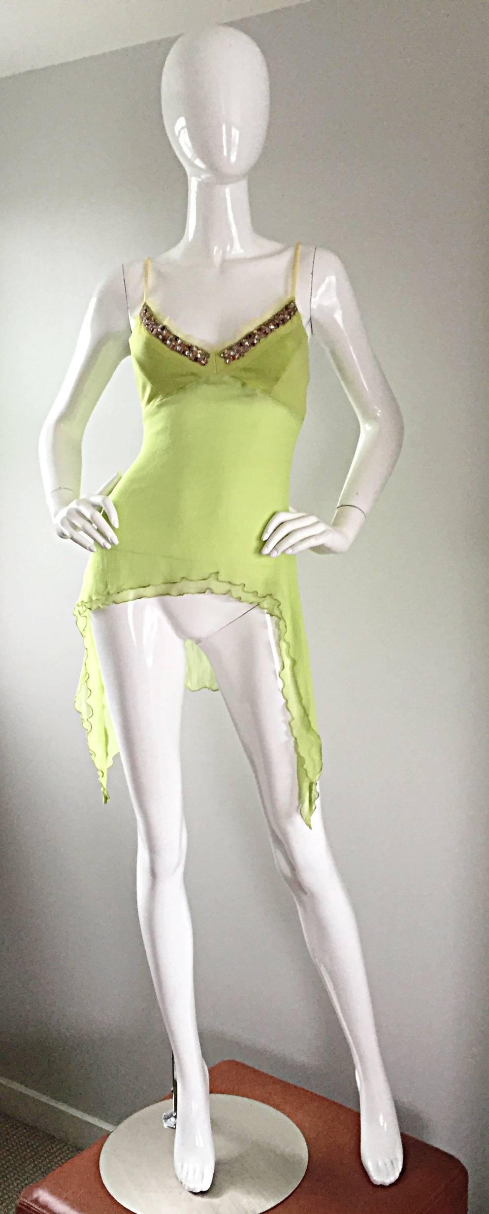 Exquisite Alexander McQueen c. 2004 BNWT Chartreuse Green Chiffon Jeweled Top 5