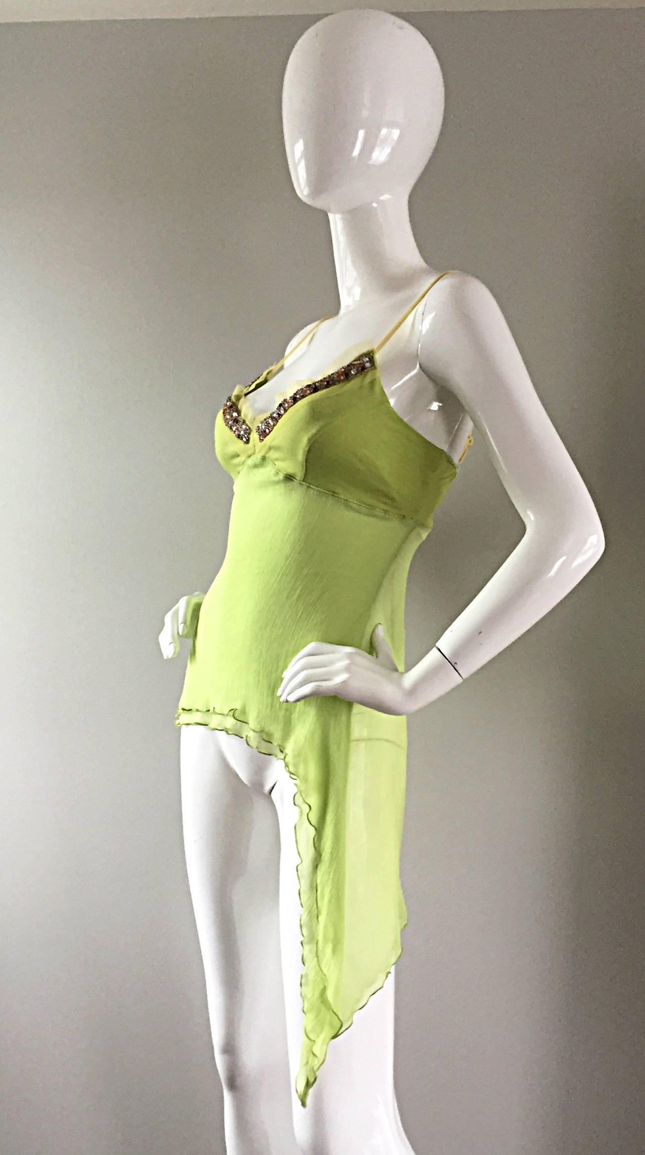 Exquisite Alexander McQueen c. 2004 BNWT Chartreuse Green Chiffon Jeweled Top 2