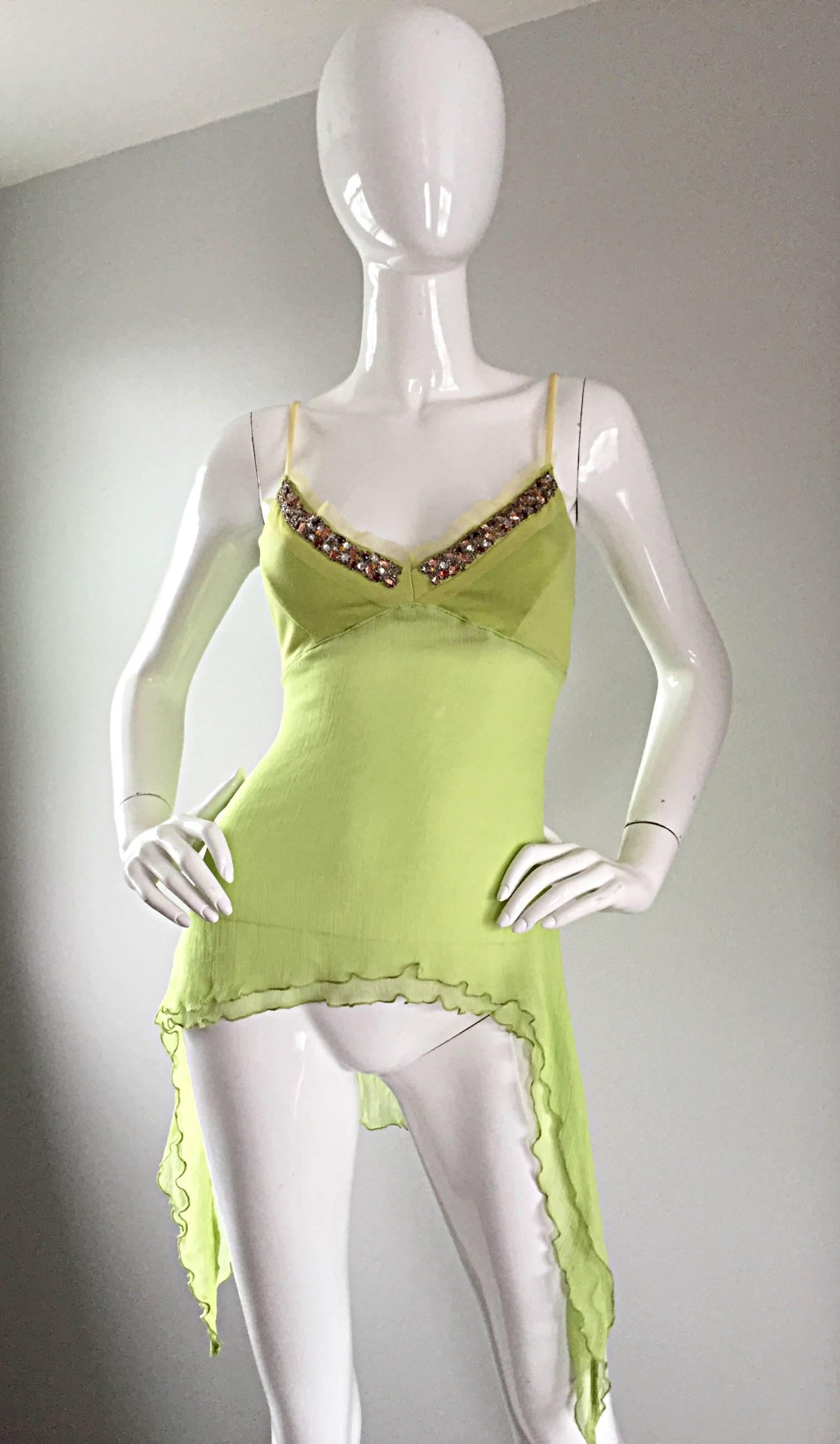 Women's Exquisite Alexander McQueen c. 2004 BNWT Chartreuse Green Chiffon Jeweled Top