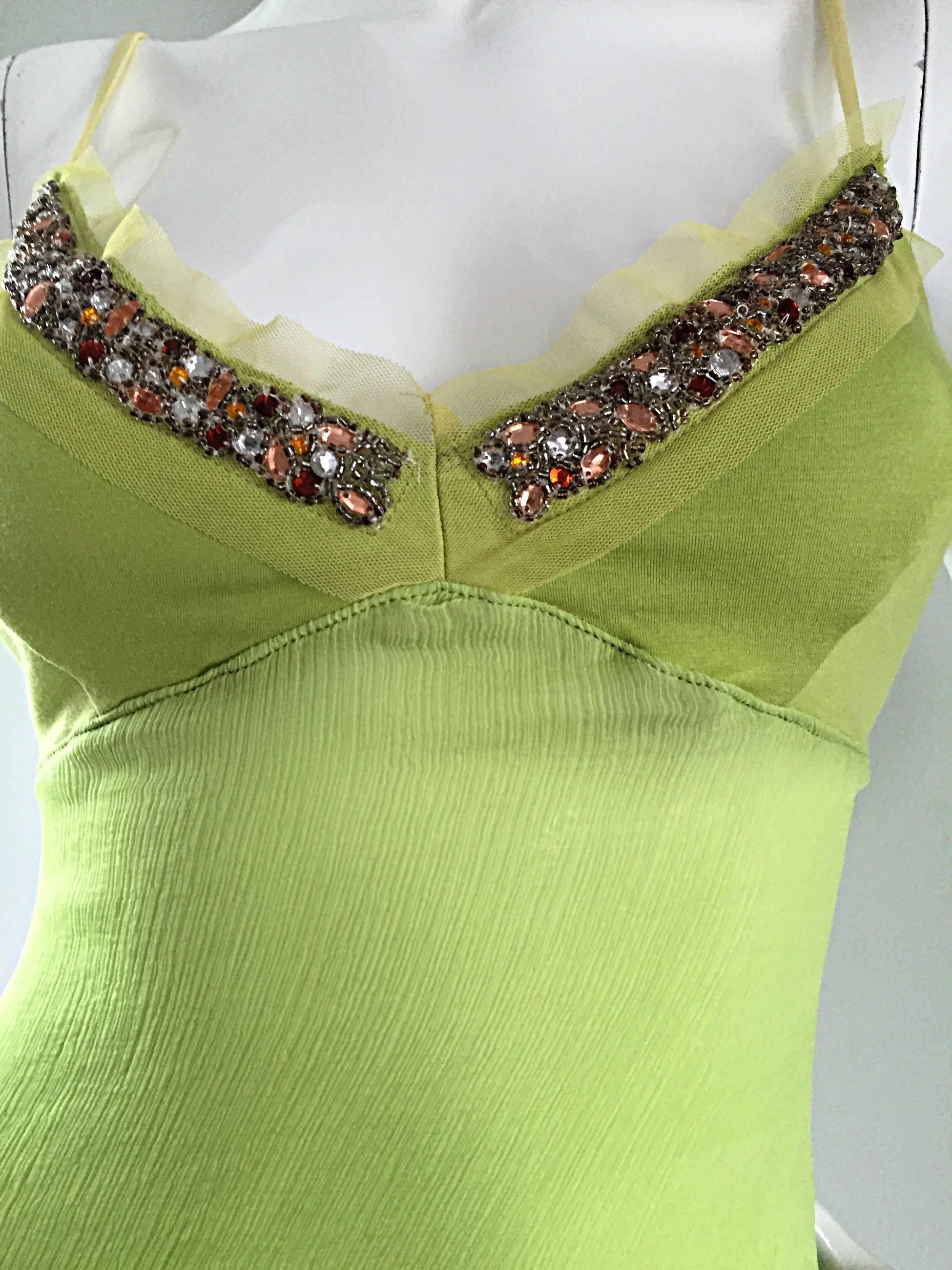 Exquisite Alexander McQueen c. 2004 BNWT Chartreuse Green Chiffon Jeweled Top In New Condition In San Diego, CA