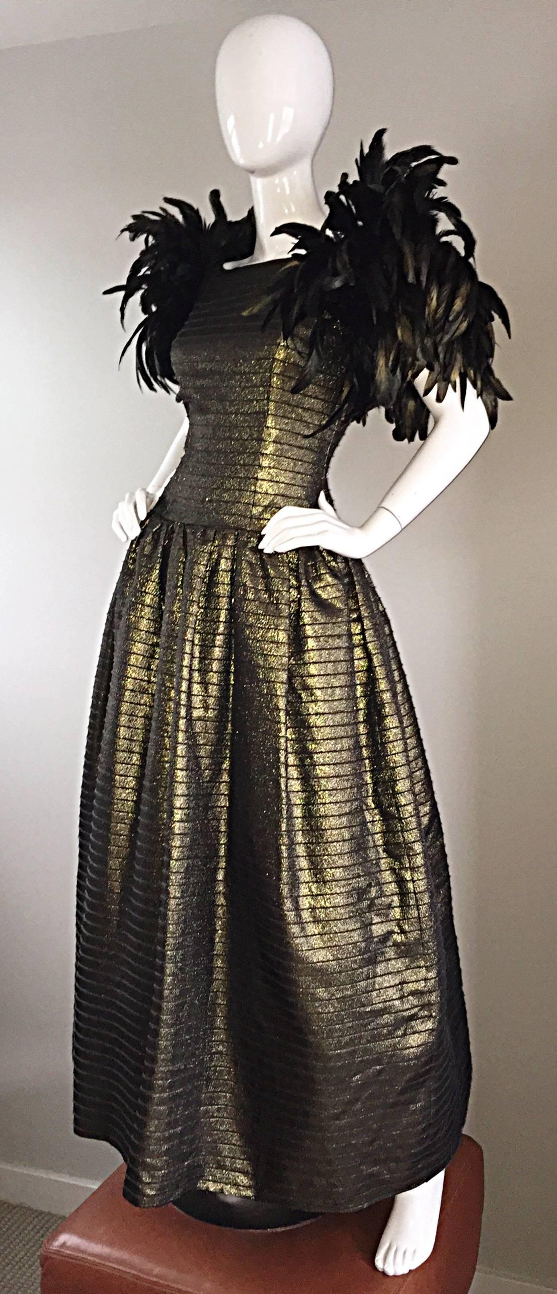 Women's Incredible Vintage Victor Costa Gold / Bronze Avant Garde Gown w/ Feathers