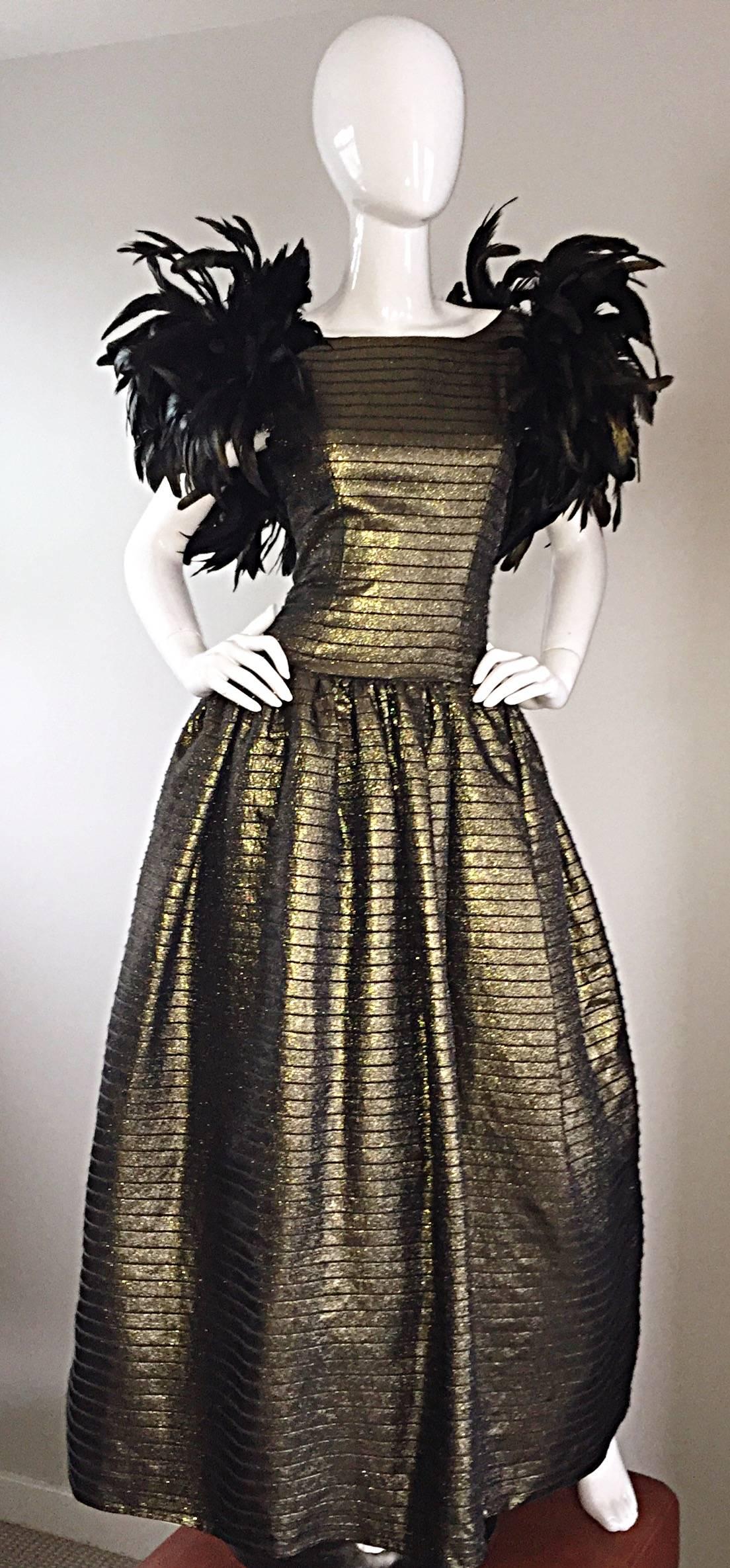 Incredible Vintage Victor Costa Gold / Bronze Avant Garde Gown w/ Feathers 1