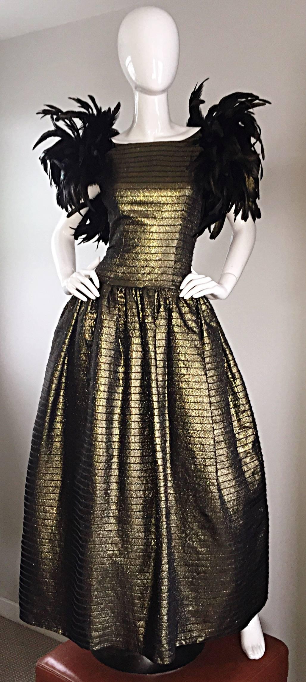Absolutely incredible vintage VICTOR COSTA, for SAKOWITZ, golden bronze silk metallic evening dress! Features a wonderful full skirt, with built in crinoline. Avant Garde feathers at each sleeve. Low back, that reveals just the right amount of skin.