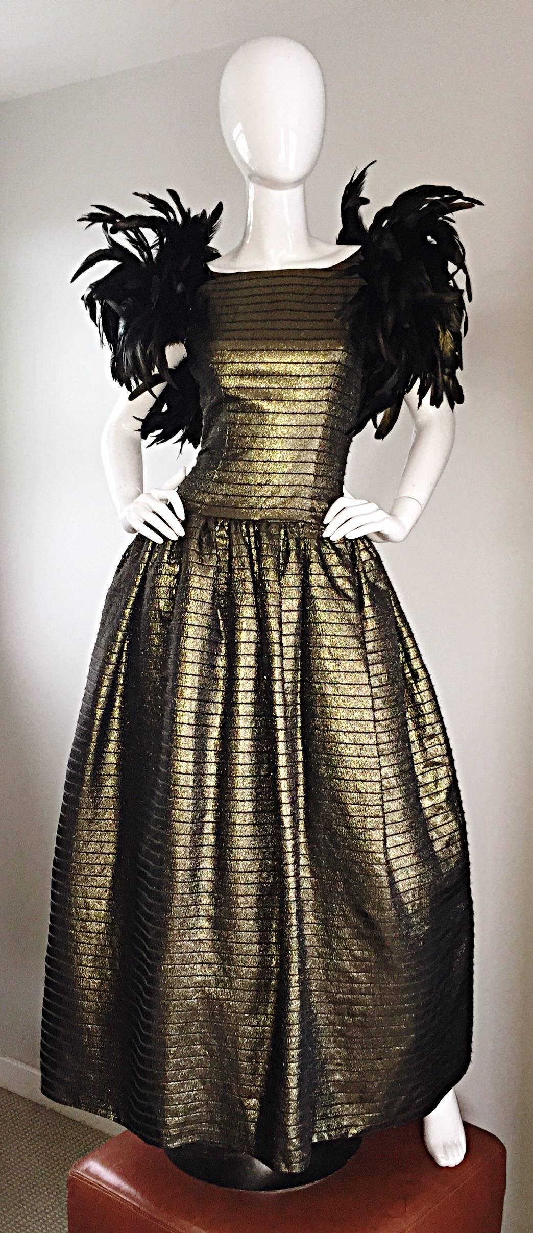 Black Incredible Vintage Victor Costa Gold / Bronze Avant Garde Gown w/ Feathers
