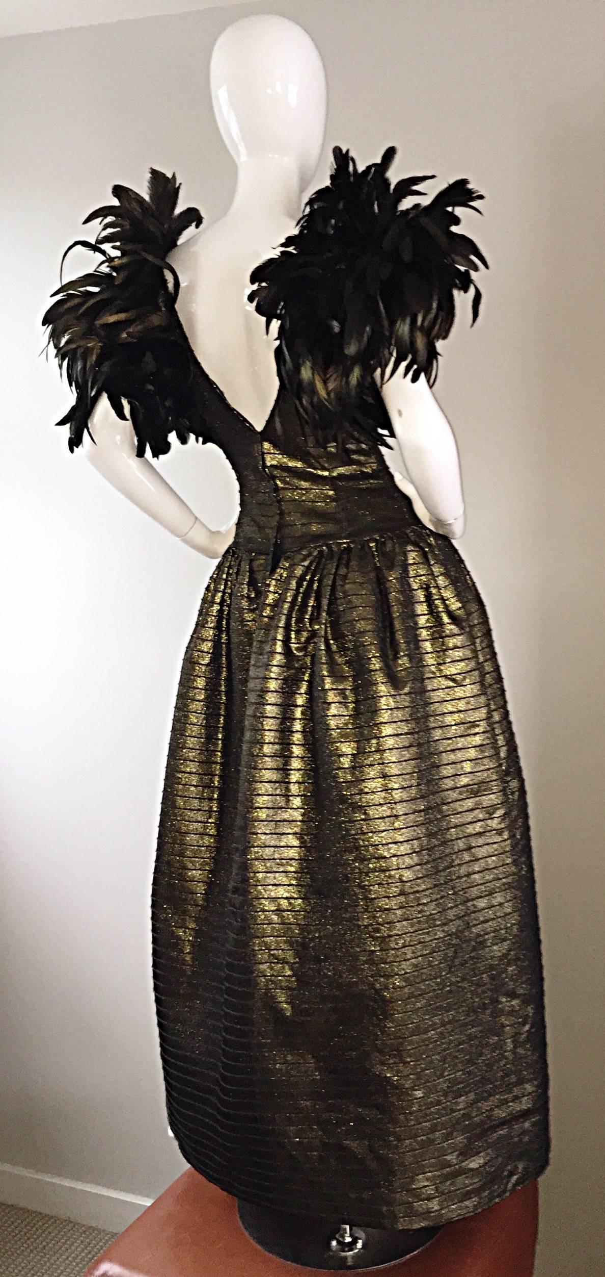 Incredible Vintage Victor Costa Gold / Bronze Avant Garde Gown w/ Feathers In Excellent Condition In San Diego, CA