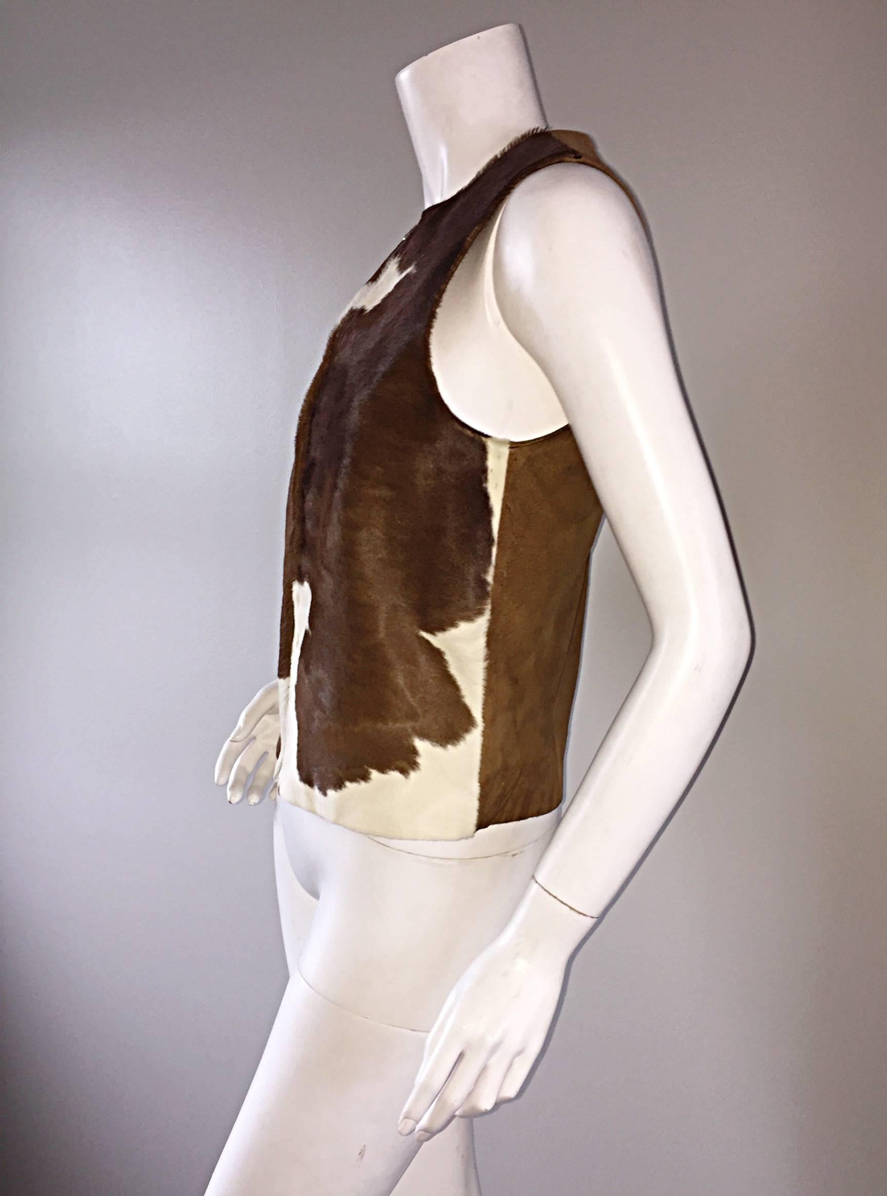 Rare Vintage Claude Montana 90s Calf Pony Hair Leather Suede Brown + White Vest In Excellent Condition In San Diego, CA