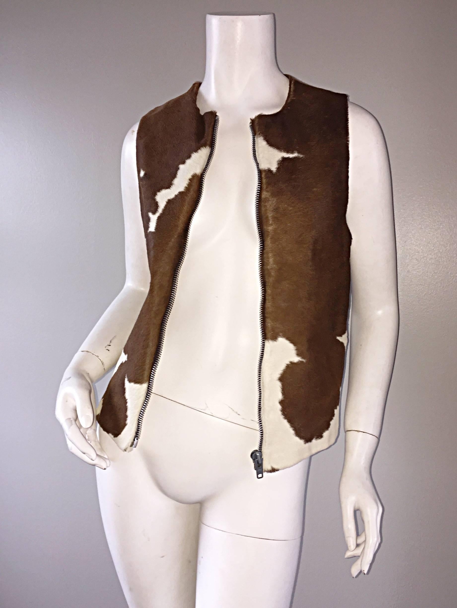 Women's Rare Vintage Claude Montana 90s Calf Pony Hair Leather Suede Brown + White Vest