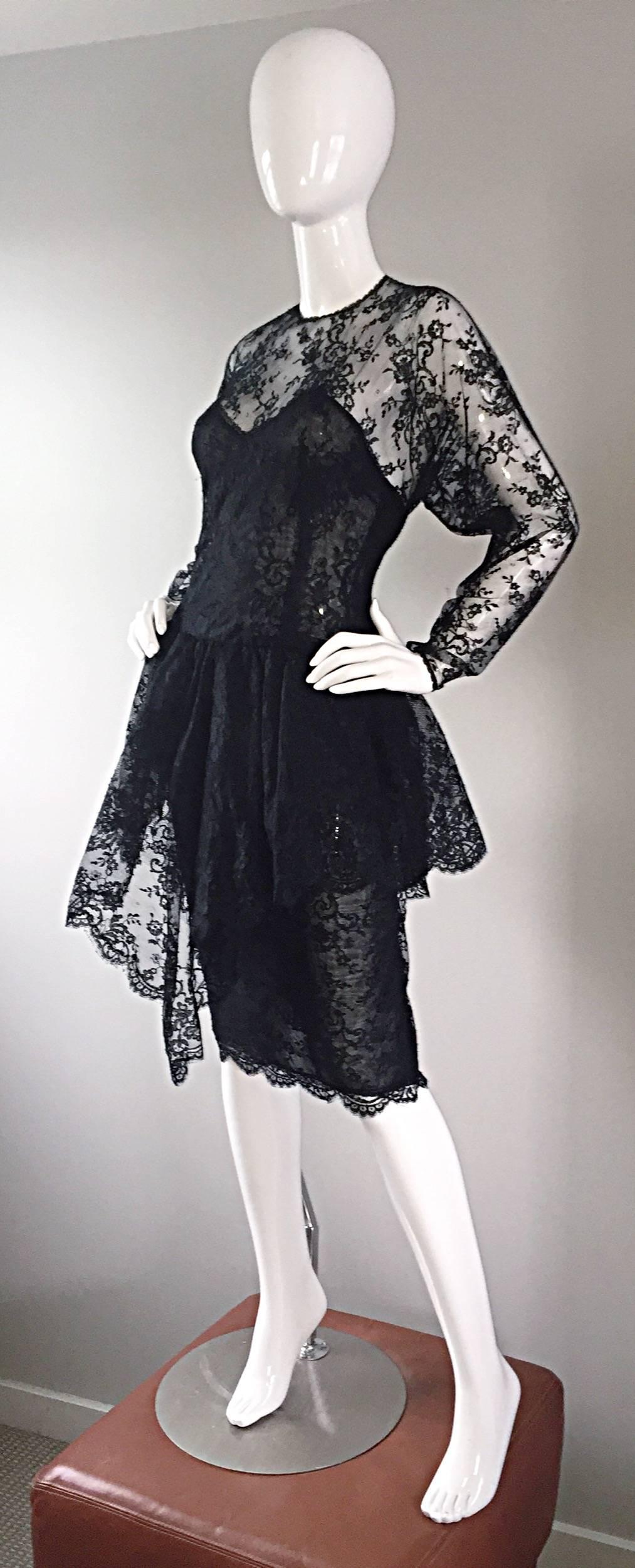 Unglaubliches Vintage Oscar de la Renta Größe 10 Schwarzes Seidenkleid mit Chantilly-Spitze aus den 80ern Damen im Angebot