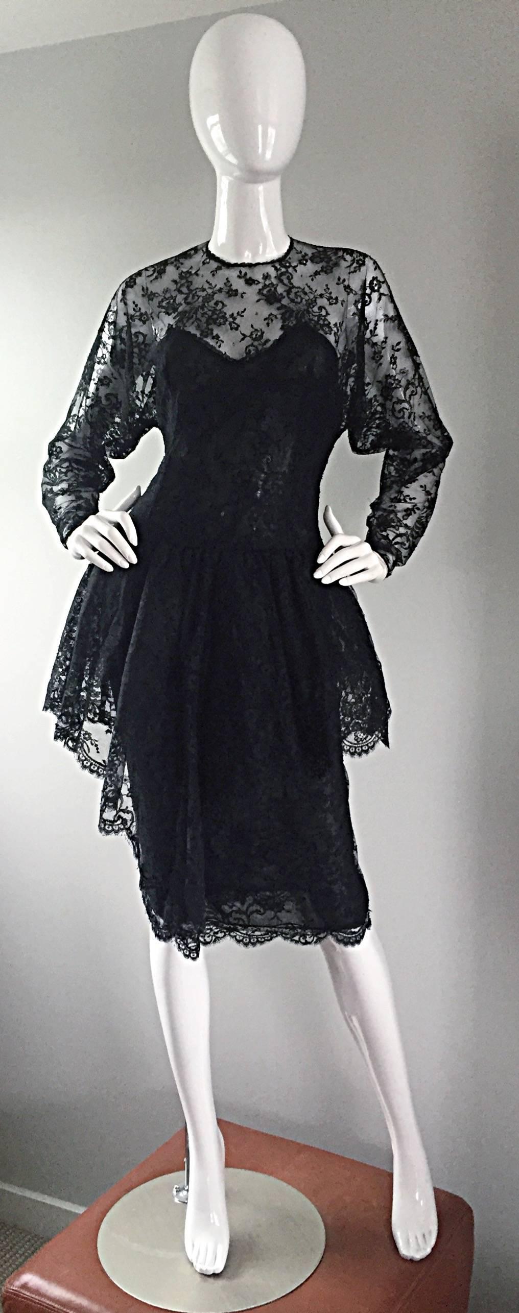 Incredible Vintage Oscar de la Renta Size 10 Black Silk Chantilly Lace 80s Dress For Sale 2