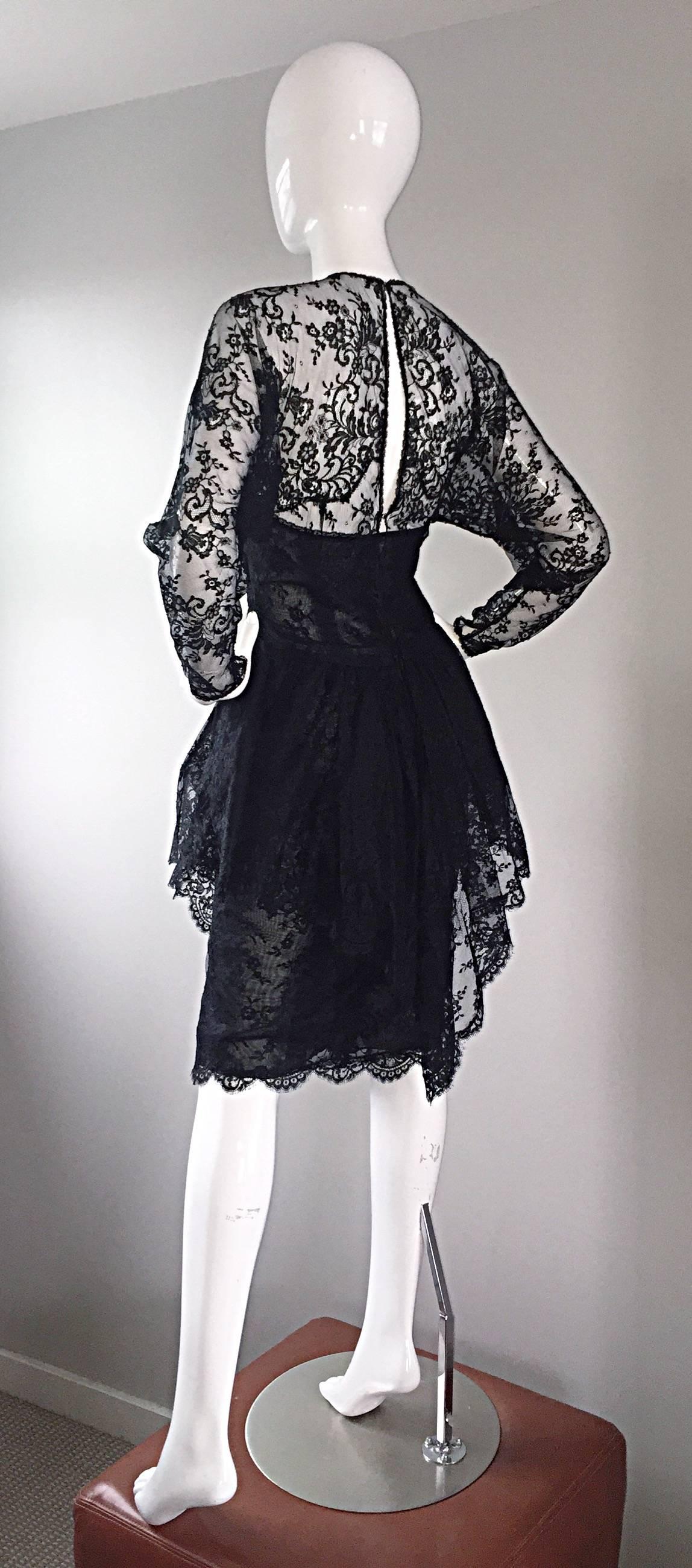 Women's Incredible Vintage Oscar de la Renta Size 10 Black Silk Chantilly Lace 80s Dress For Sale