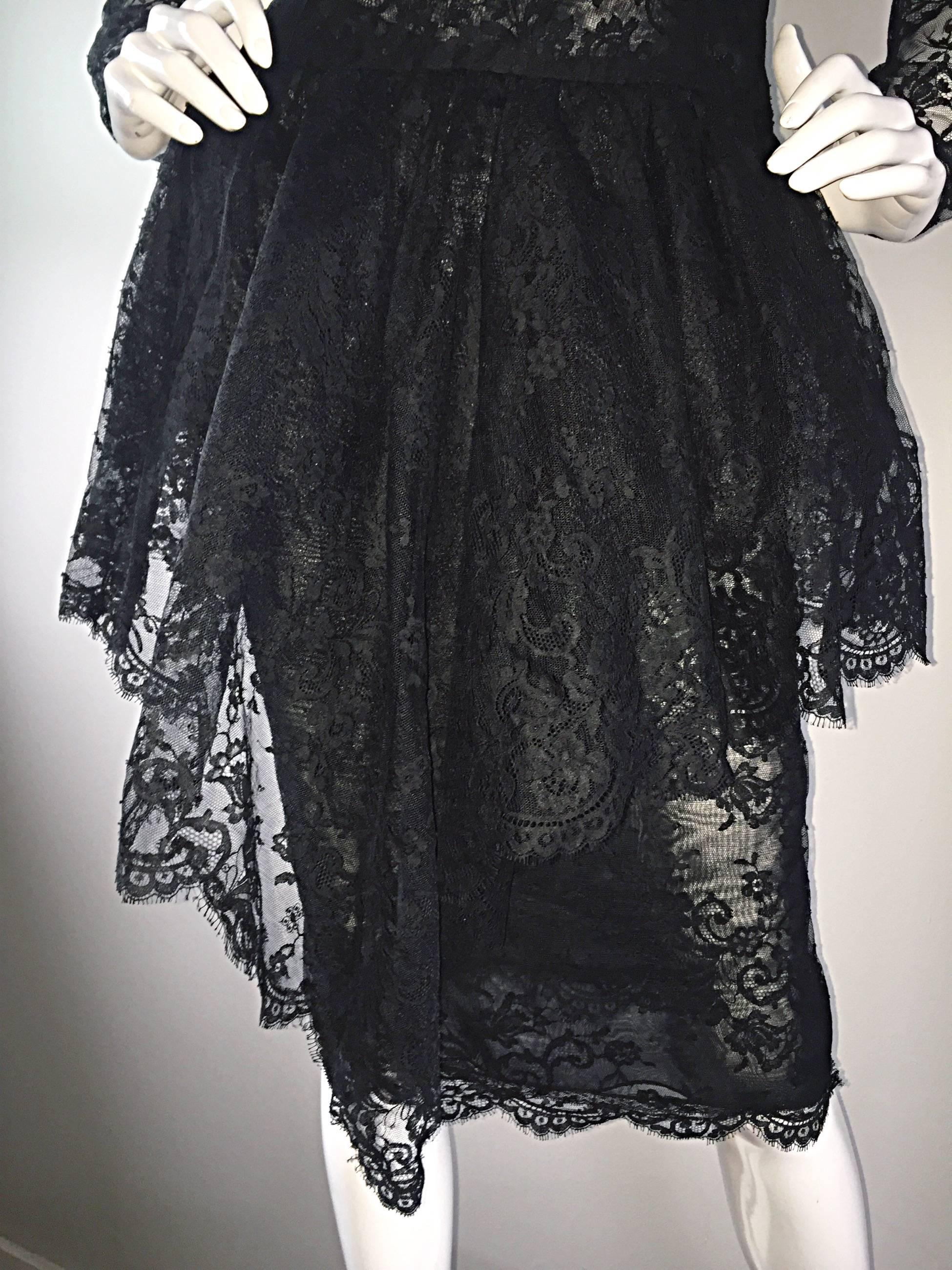 Incredible Vintage Oscar de la Renta Size 10 Black Silk Chantilly Lace 80s Dress In Excellent Condition For Sale In San Diego, CA