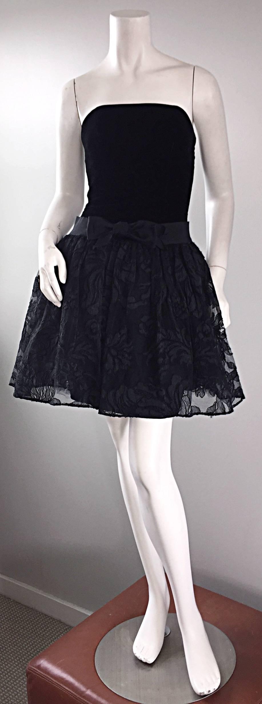 Beautiful vintage early 90s JAMES PURCELL black silk velvet and lace strapless dress! Features some of the most beautiful black French lace I have ever seen on the overskirt! Black silk velvet bodice and pencil skirt, with Purcell's signature lace