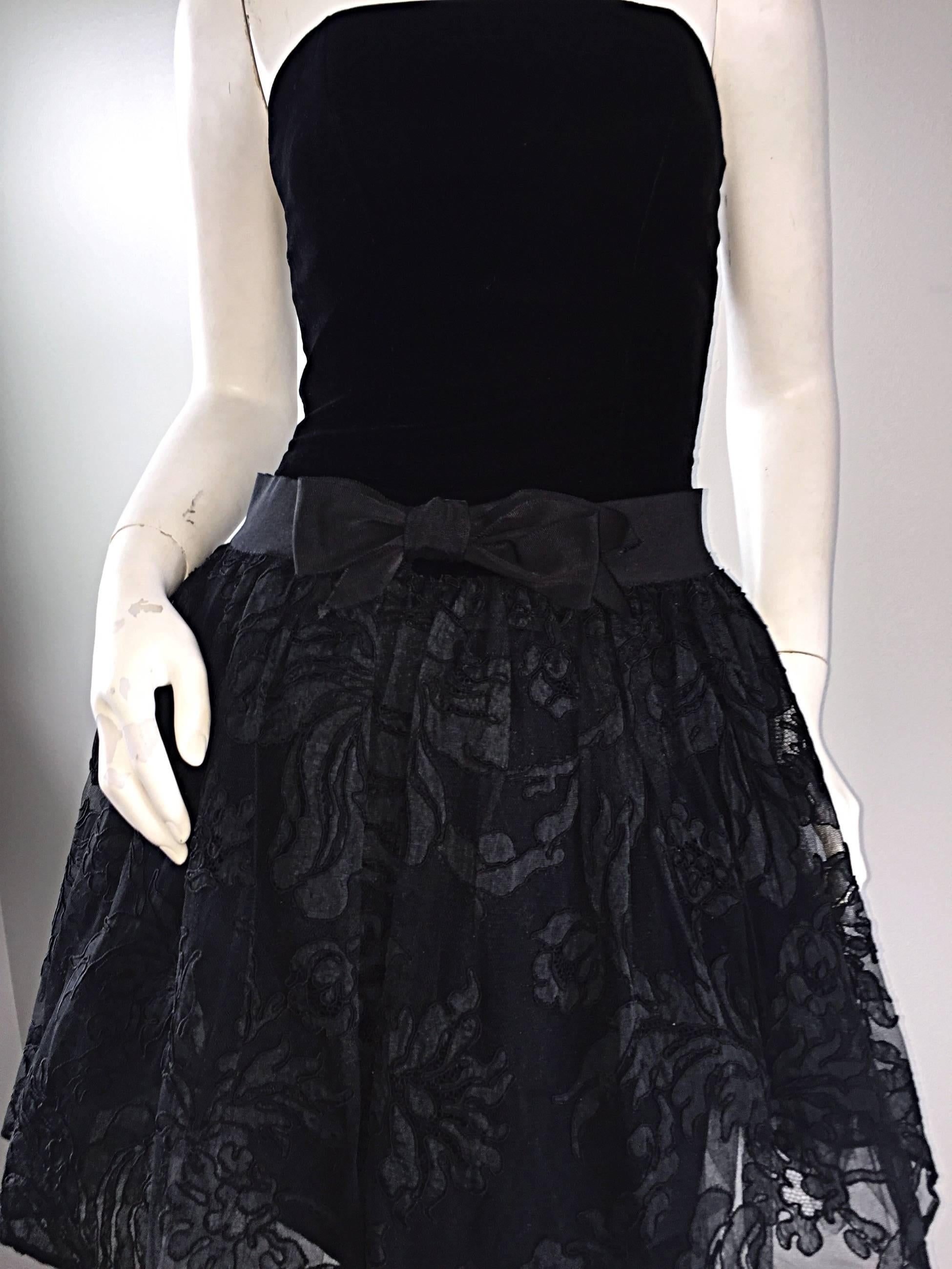 Vintage James Purcell Size 2 1990s Couture Black Silk Lace 90s Strapless Dress For Sale 1