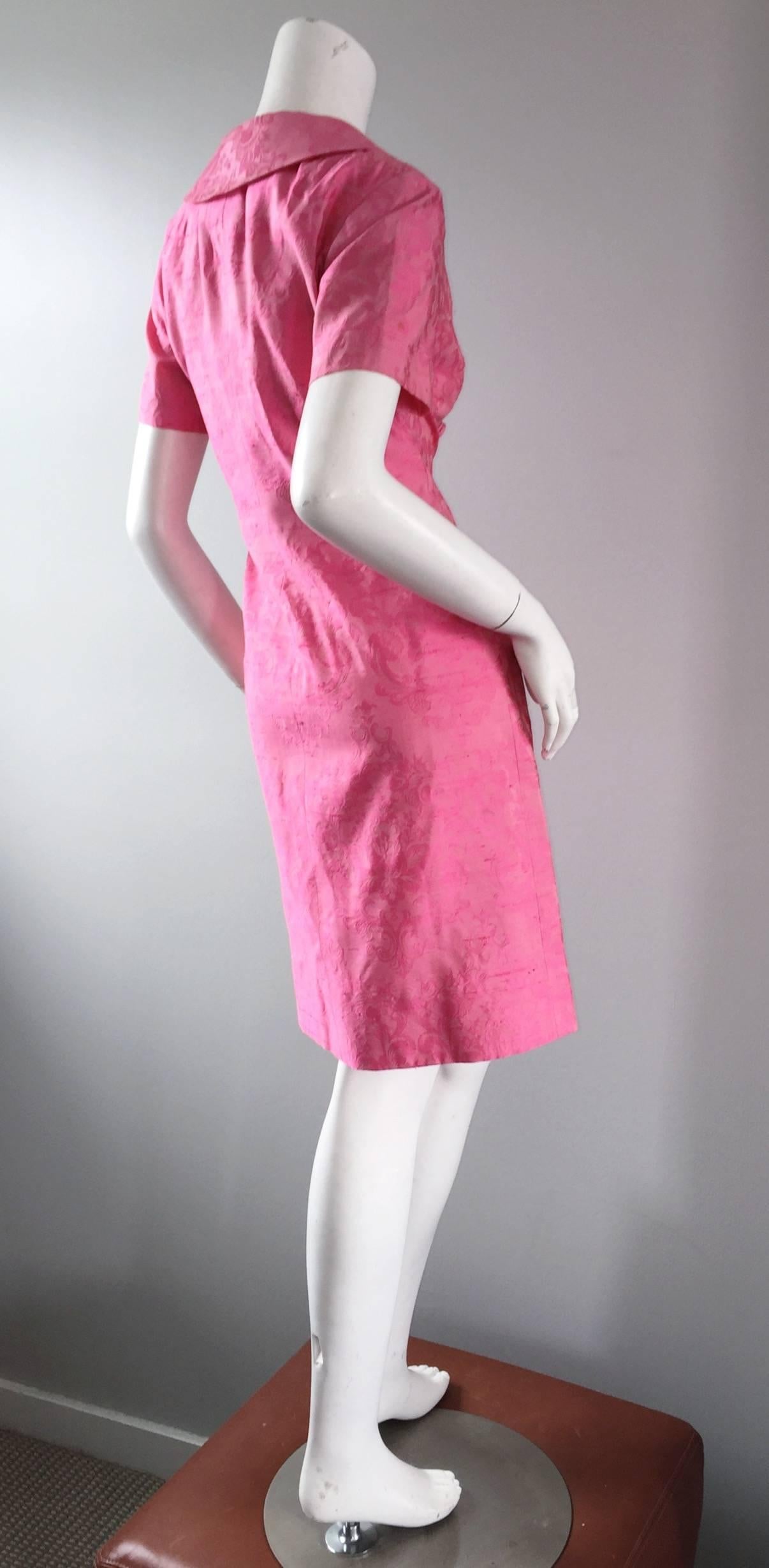 1960s Dynasty Pink Jackie - O Style Asian Inspired Vintage 60s Silk Dress In Excellent Condition In San Diego, CA