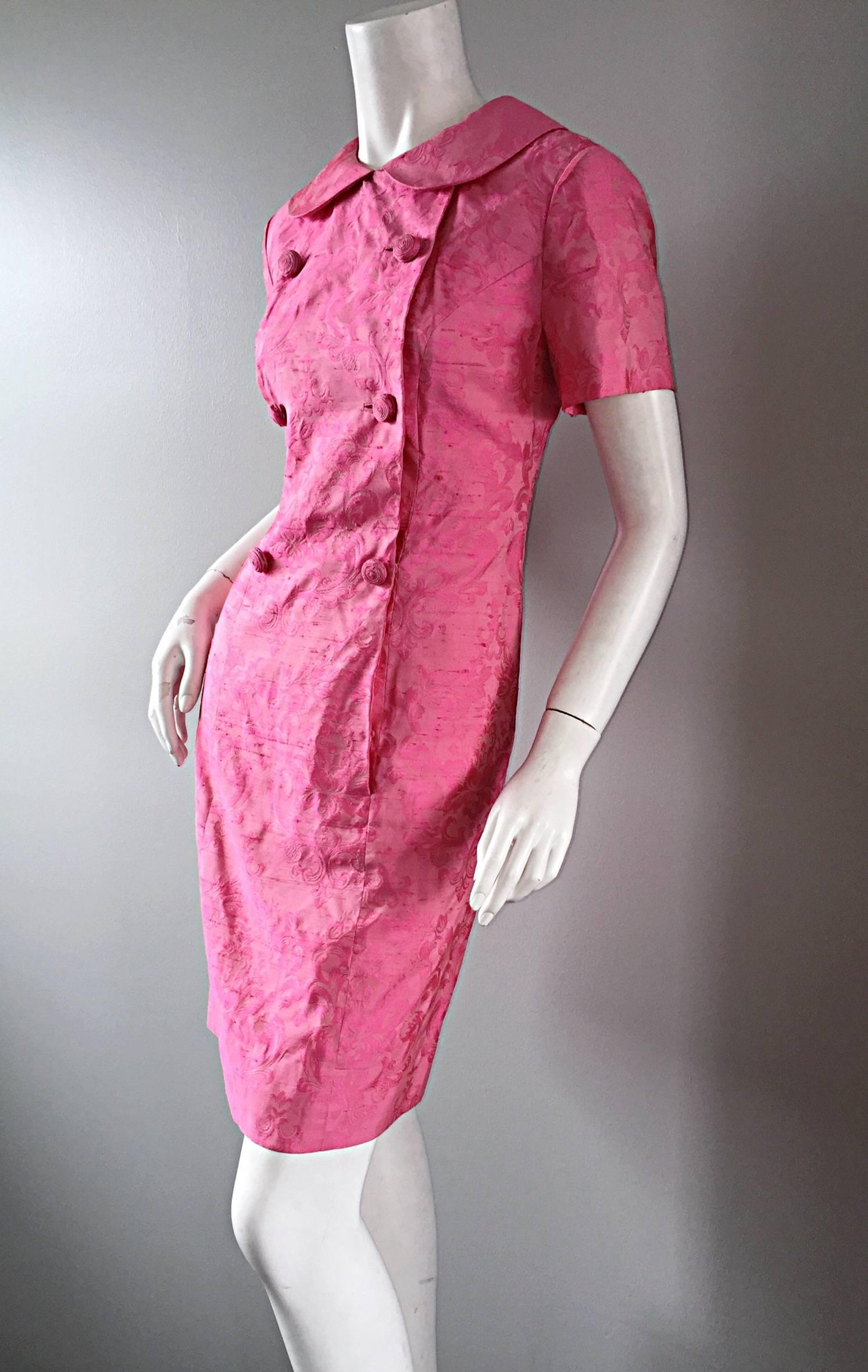 1960s Dynasty Pink Jackie - O Style Asian Inspired Vintage 60s Silk Dress 1