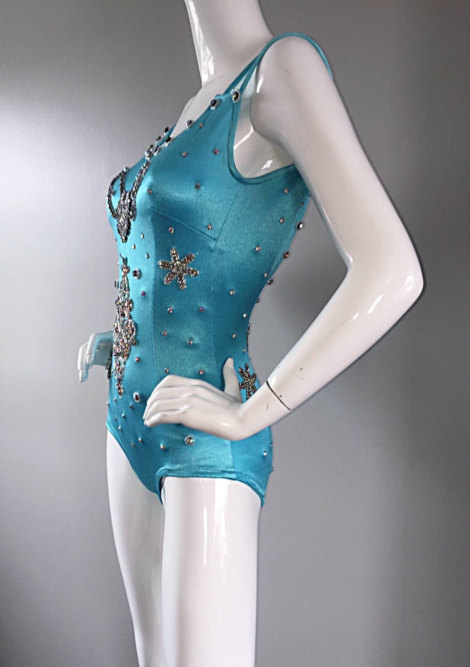 Rare 1950s Las Vegas Showgirl Aqua Blue Rhinestone Vintage 50s Leotard Bodysuit  1