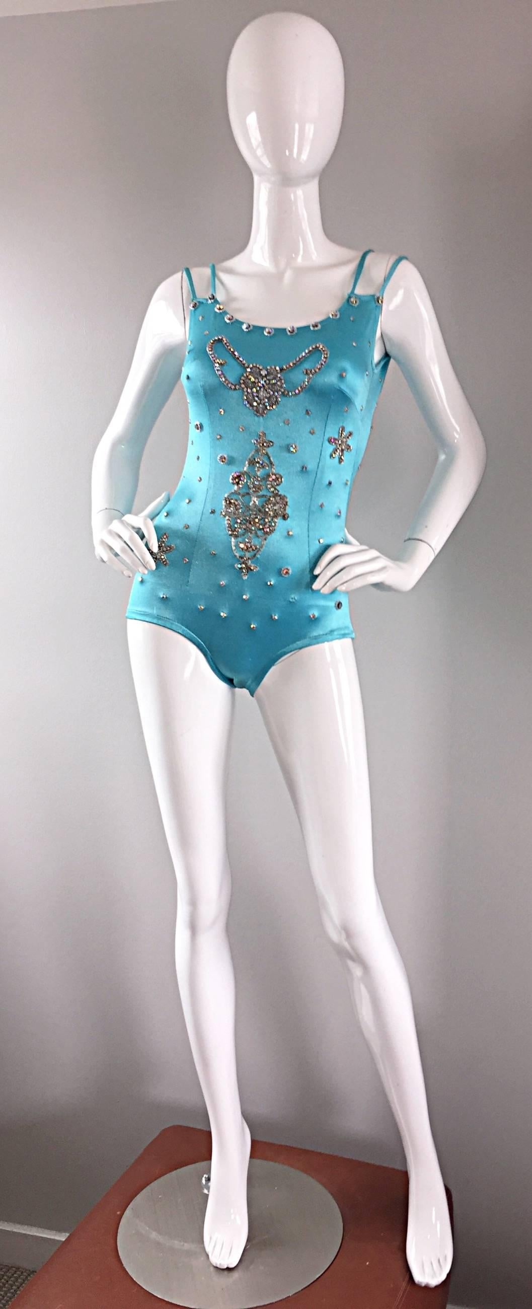 Women's or Men's Rare 1950s Las Vegas Showgirl Aqua Blue Rhinestone Vintage 50s Leotard Bodysuit 
