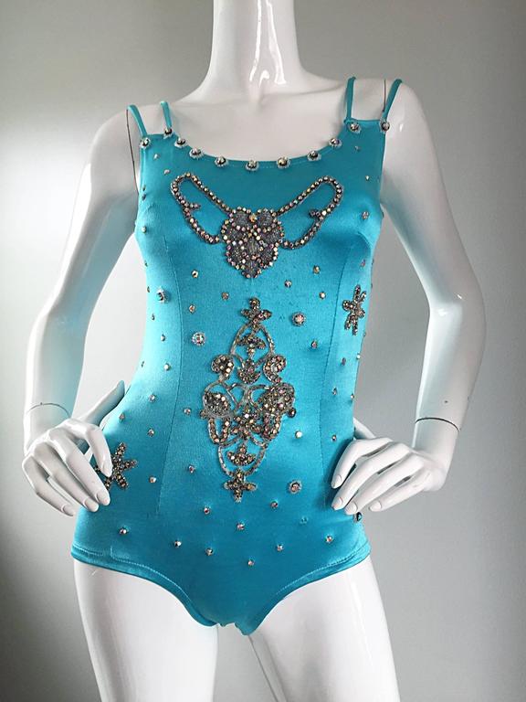 Rare 1950s Las Vegas Showgirl Aqua Blue Rhinestone Vintage 50s Leotard Bodysuit At 1stdibs