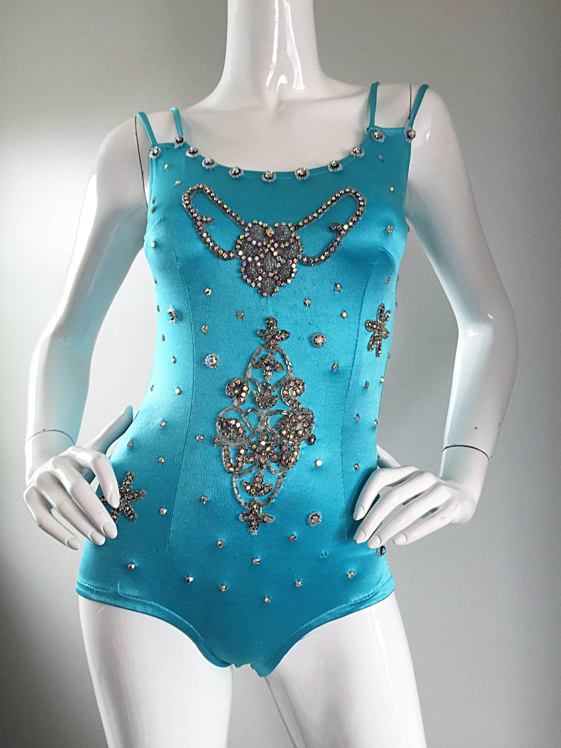 Rare 1950s Las Vegas Showgirl Aqua Blue Rhinestone Vintage 50s Leotard Bodysuit  3