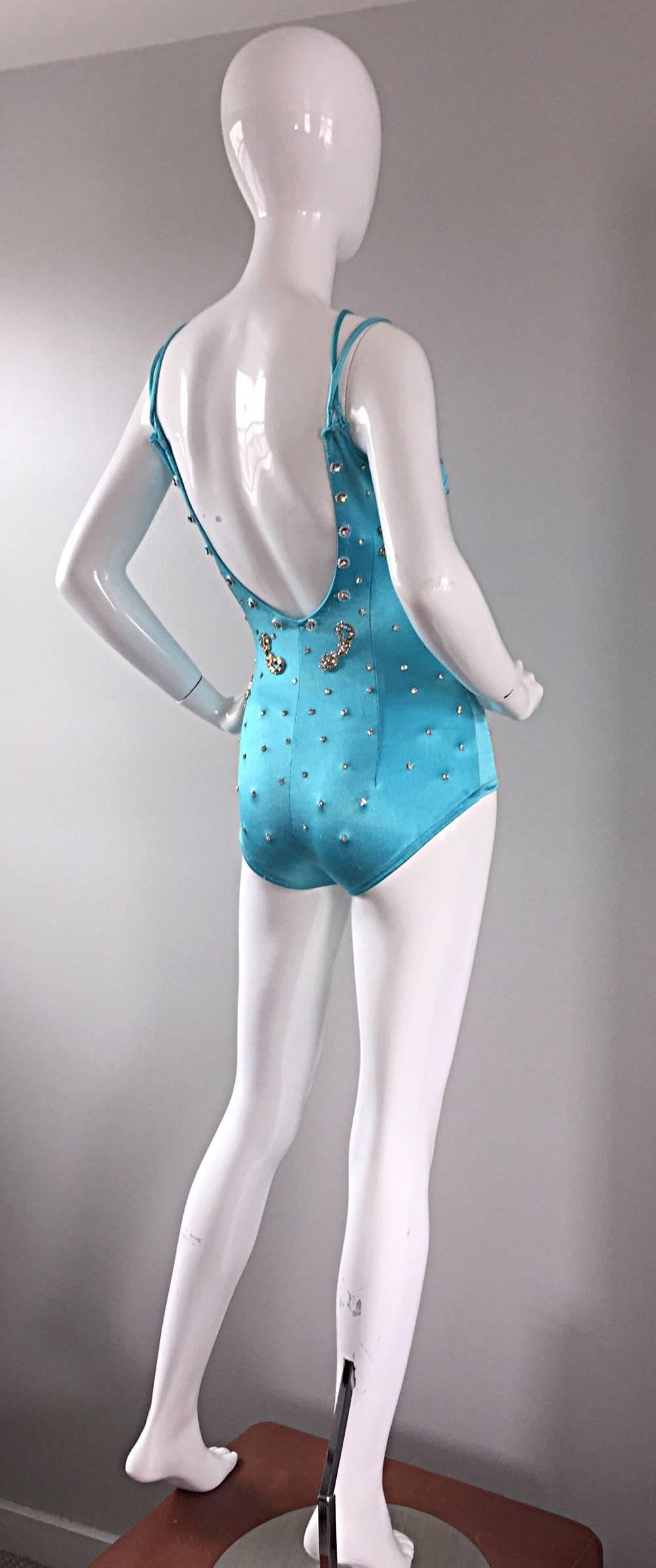 Rare 1950s Las Vegas Showgirl Aqua Blue Rhinestone Vintage 50s Leotard Bodysuit  2