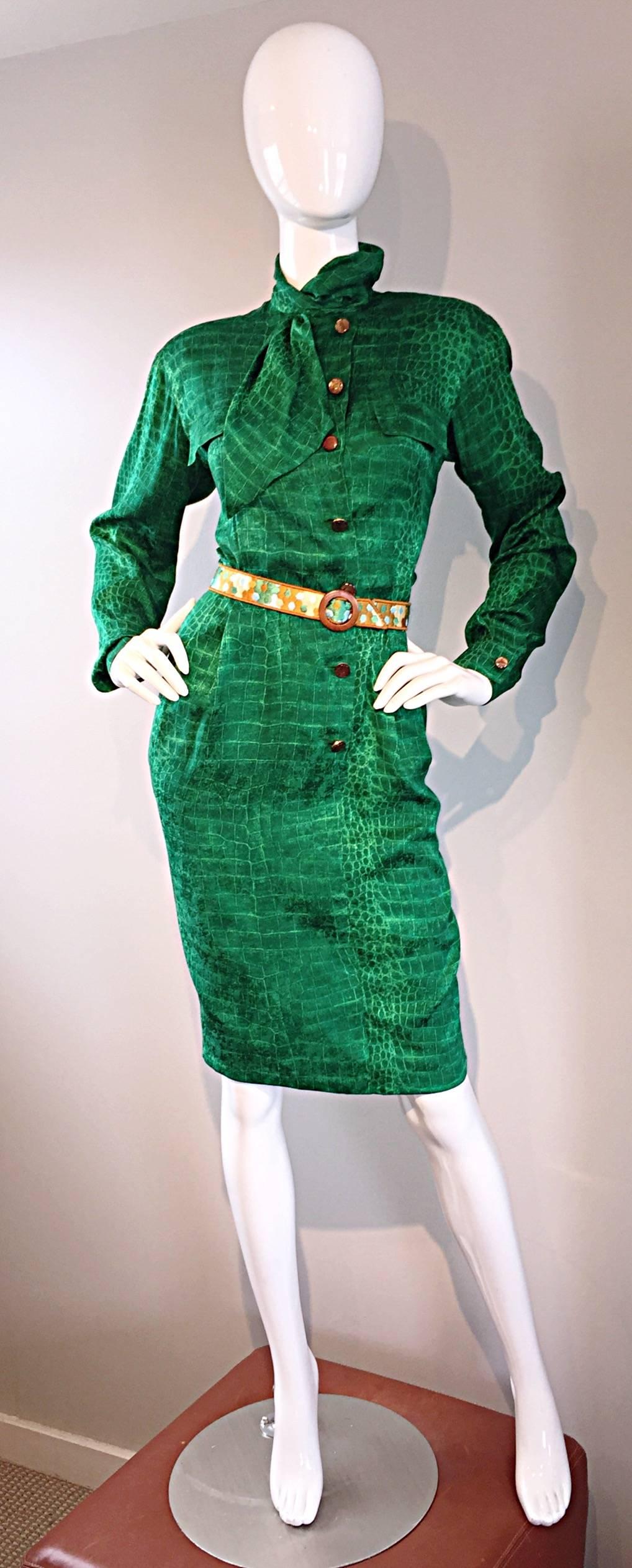 Women's Incredible Vintage Emanuel Ungaro Kelly Green Alligator Reptile Print Silk Dress