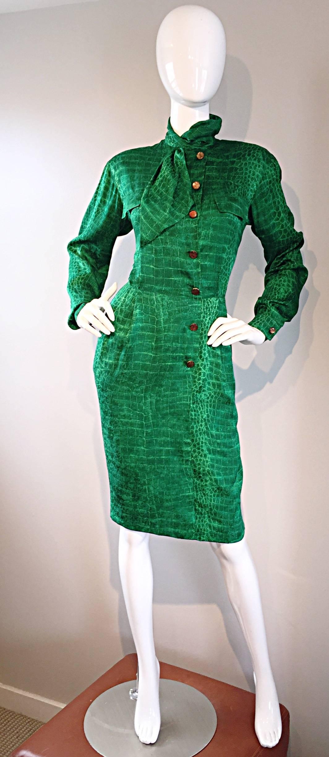 Incredible vintage EMANUEL UNGARO crocodile print silk dress! Vibrant Crayola green color, with an awesome print! Luxurious silk, that just hangs in all the right ways on the body. Functional gold and amber buttons up the bodice, and at each sleeve
